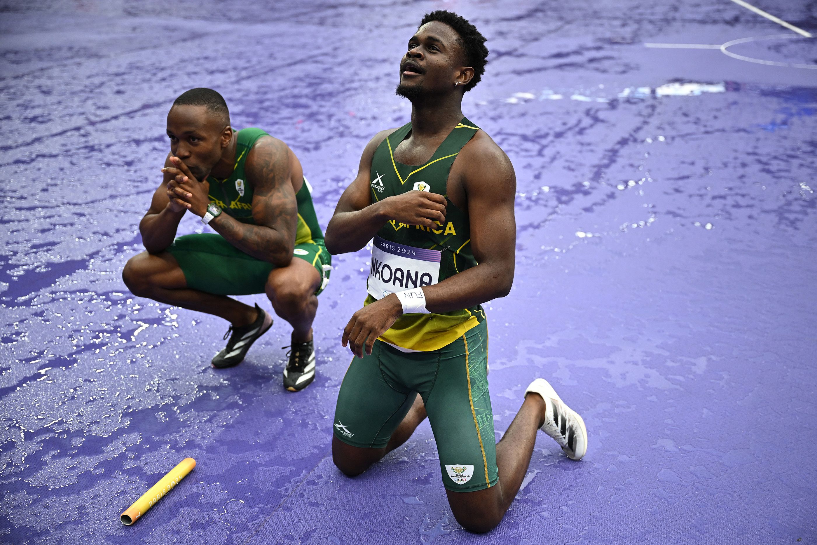 Bradley Nkoana celebrates after helping South Africa to 4x100m silver in Paris