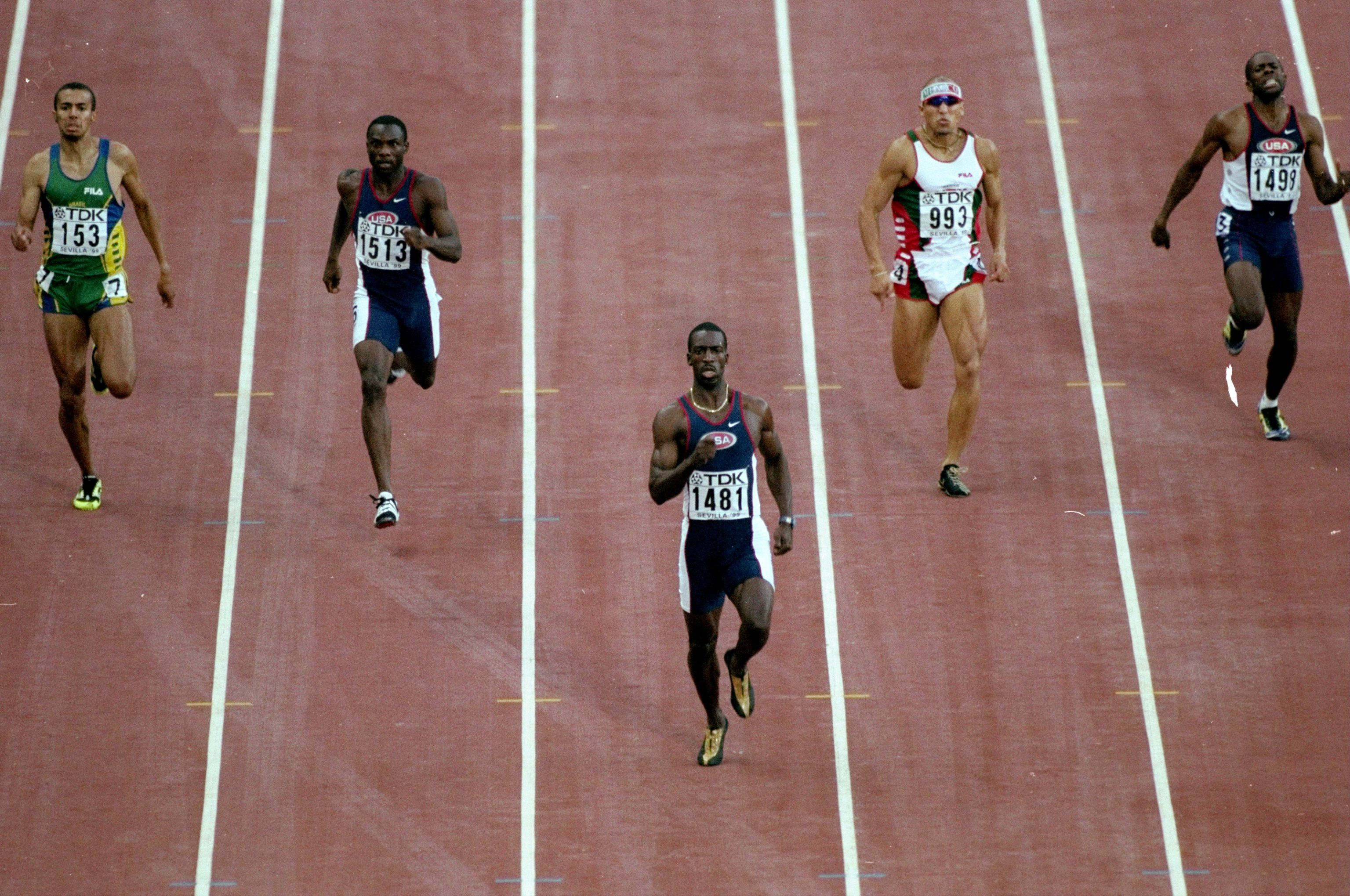 Michael Johnson leads the 400 m at the 1999 World Championships in Seville