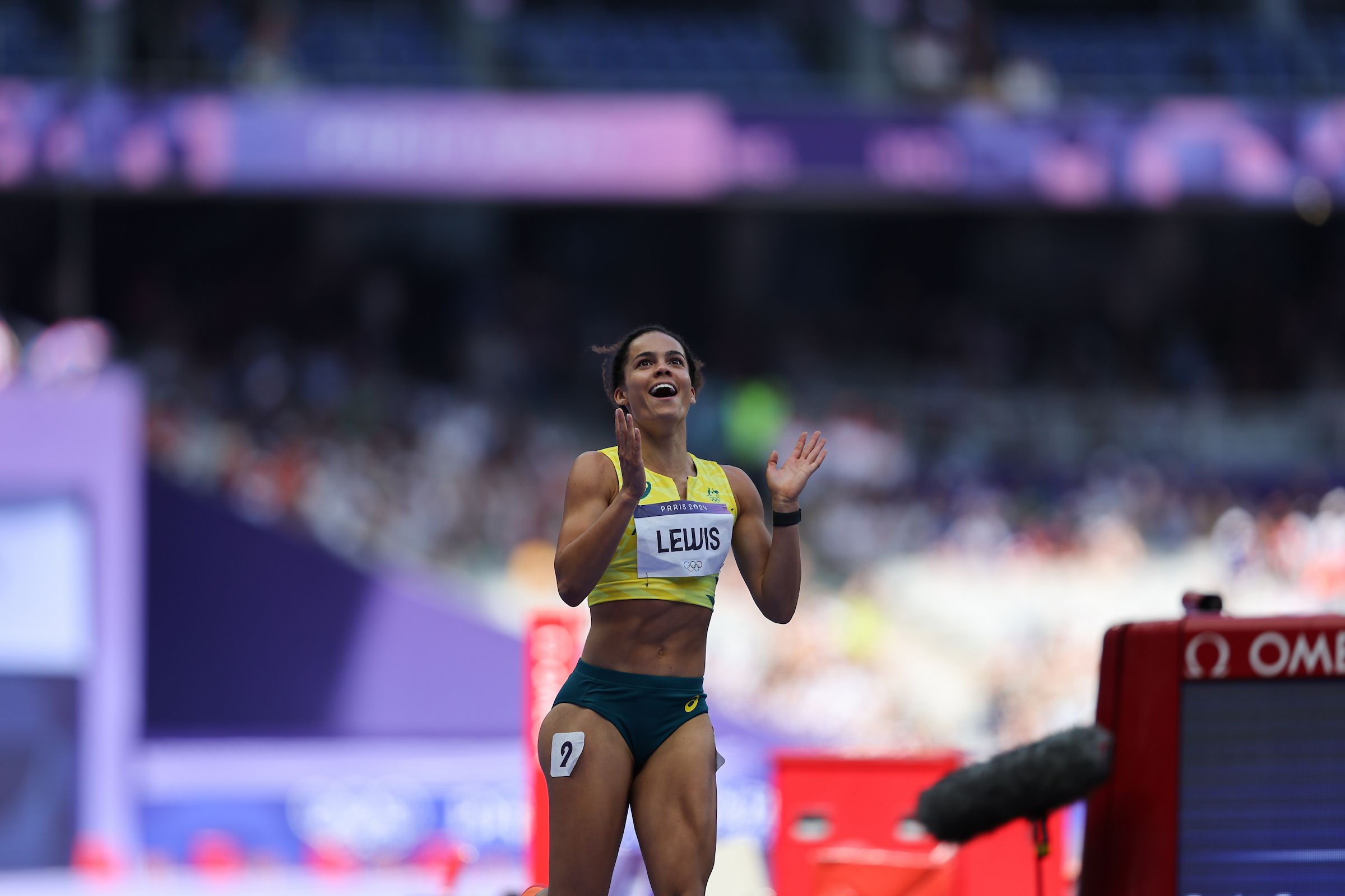 Torrie Lewis celebrates her performance at the Paris Olympics