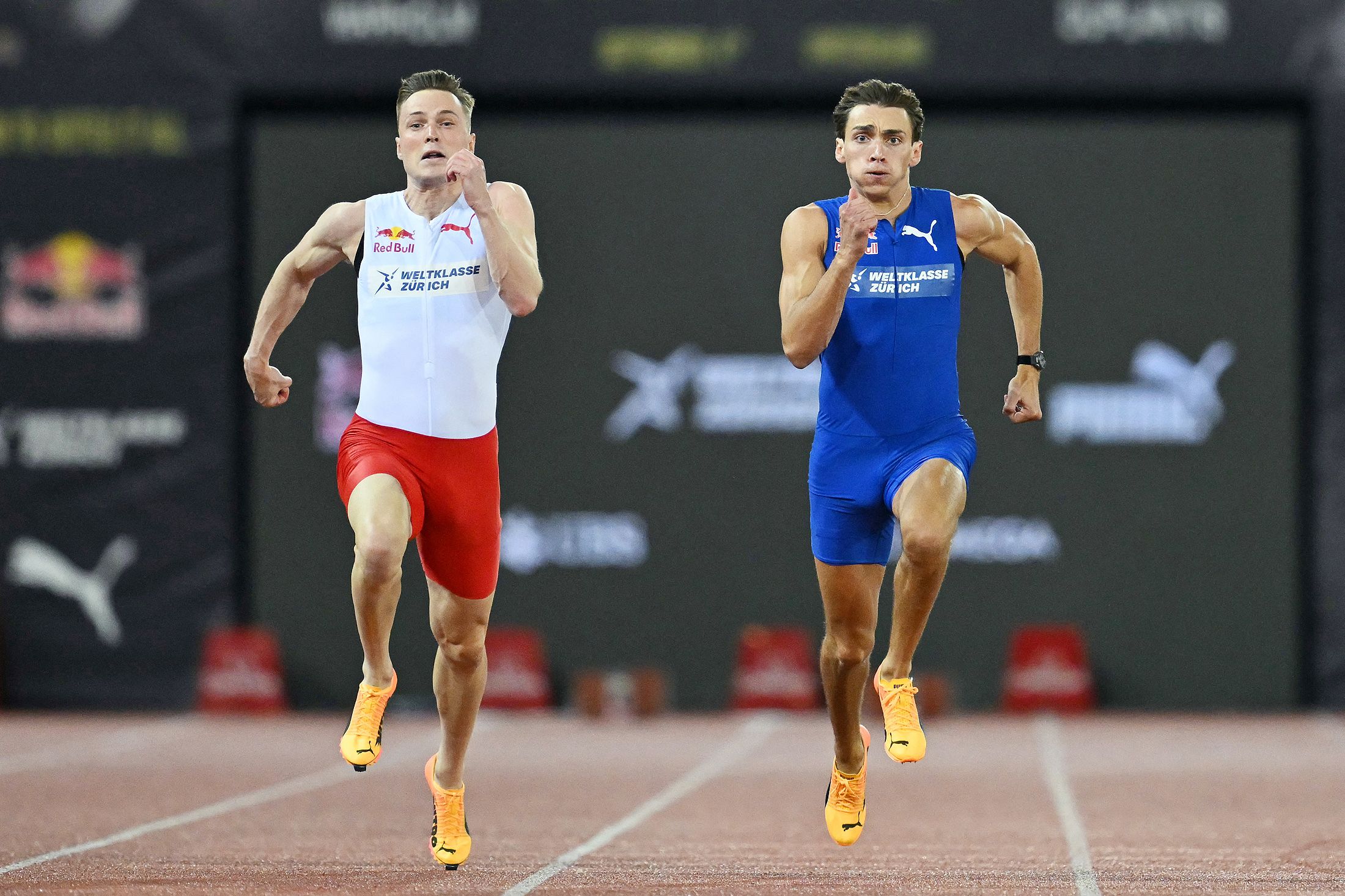 Karsten Warholm and Mondo Duplantis race over 100m in Zurich