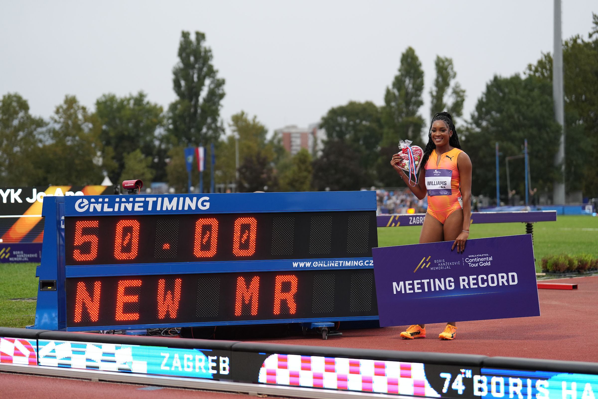 Stacey-Ann Williams celebrates her 400m meeting record in Zagreb