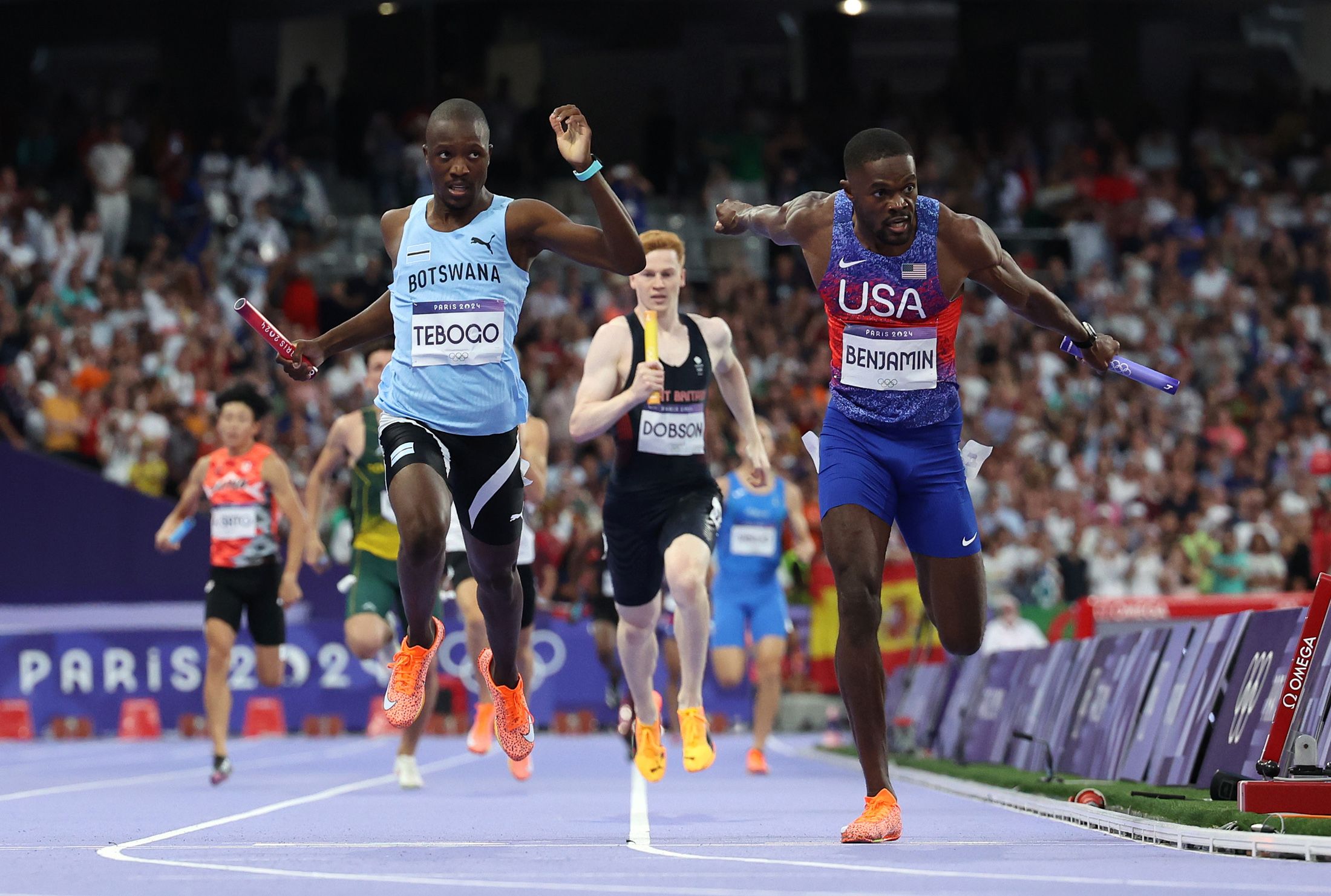 The finish of the men's 4x400m at the Paris 2024 Olympic Games