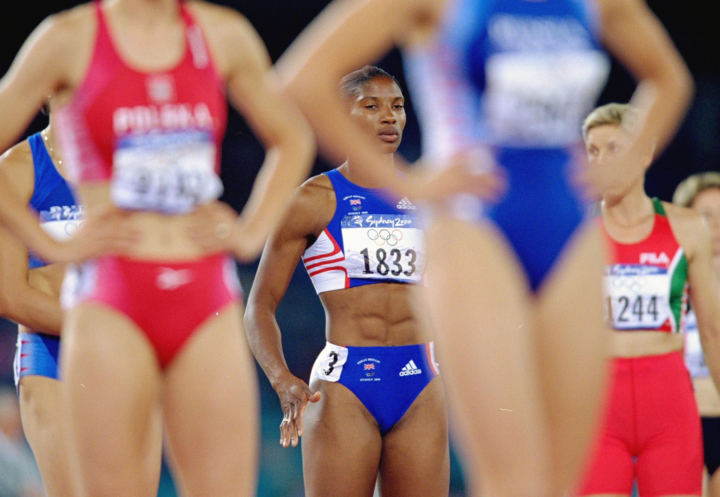 Denise Lewis at the start of the heptathlon 800m in Sydney