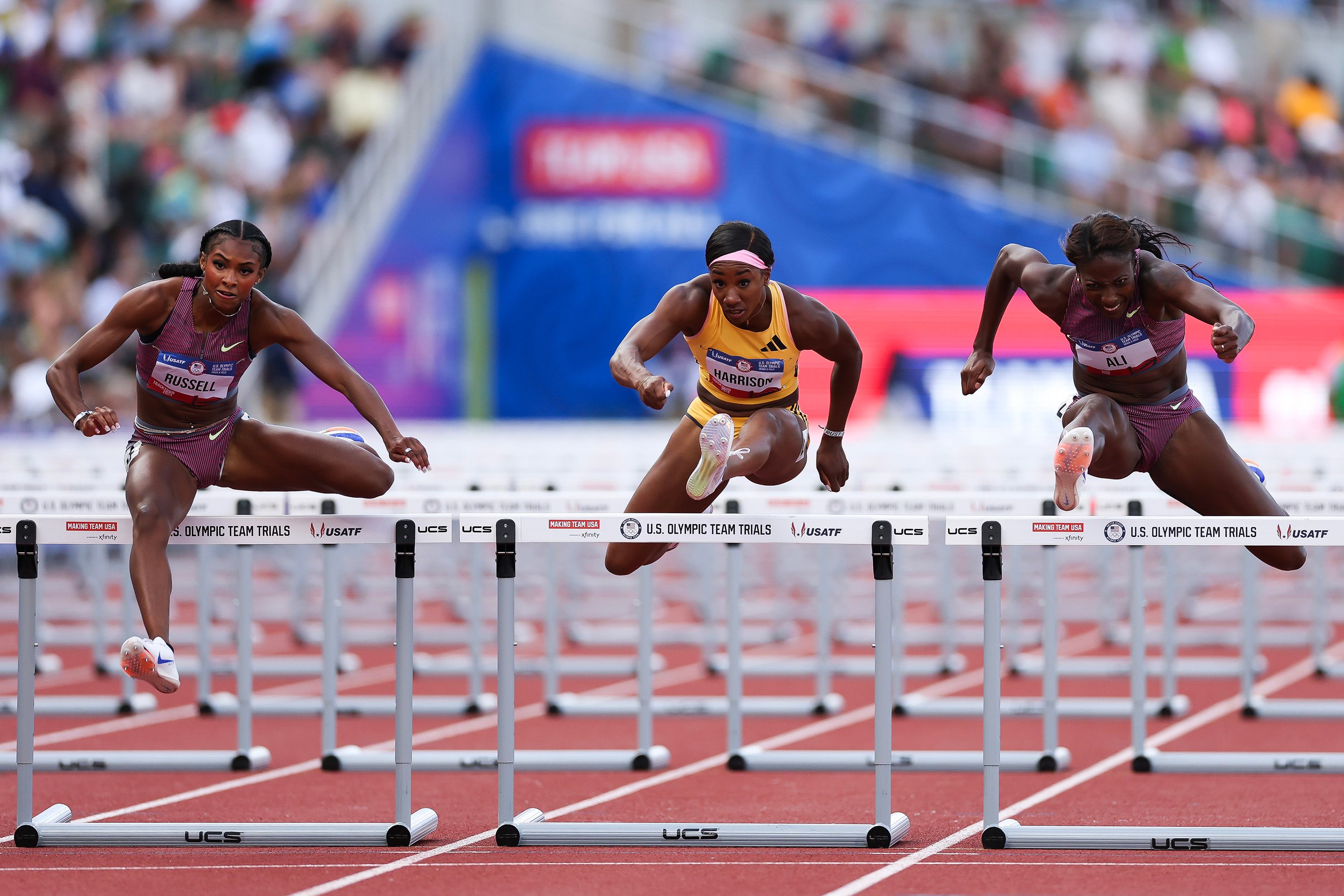 Masai Russell on her way to the US 100m hurdles title