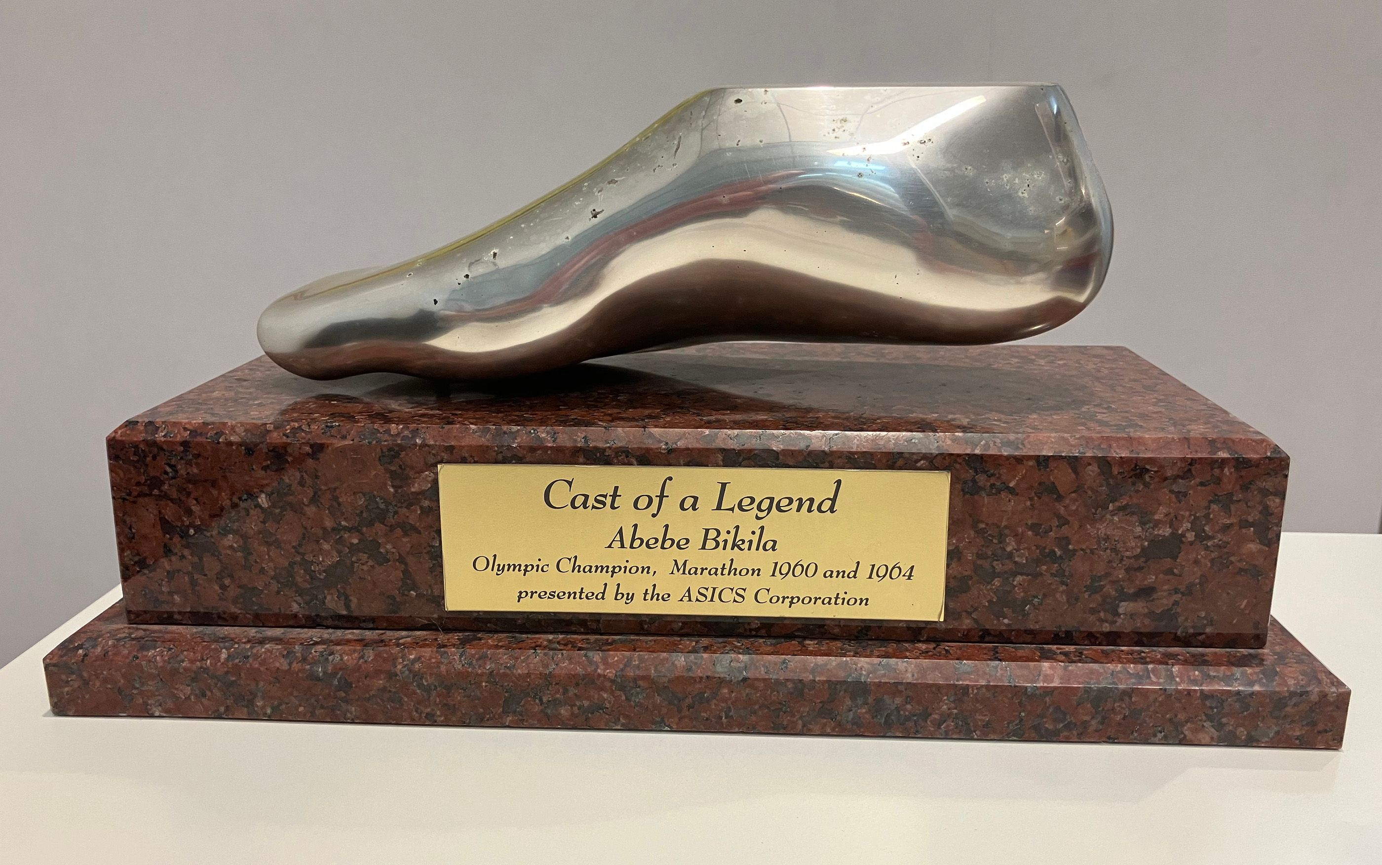 A metal cast of Abebe Bikila's right foot