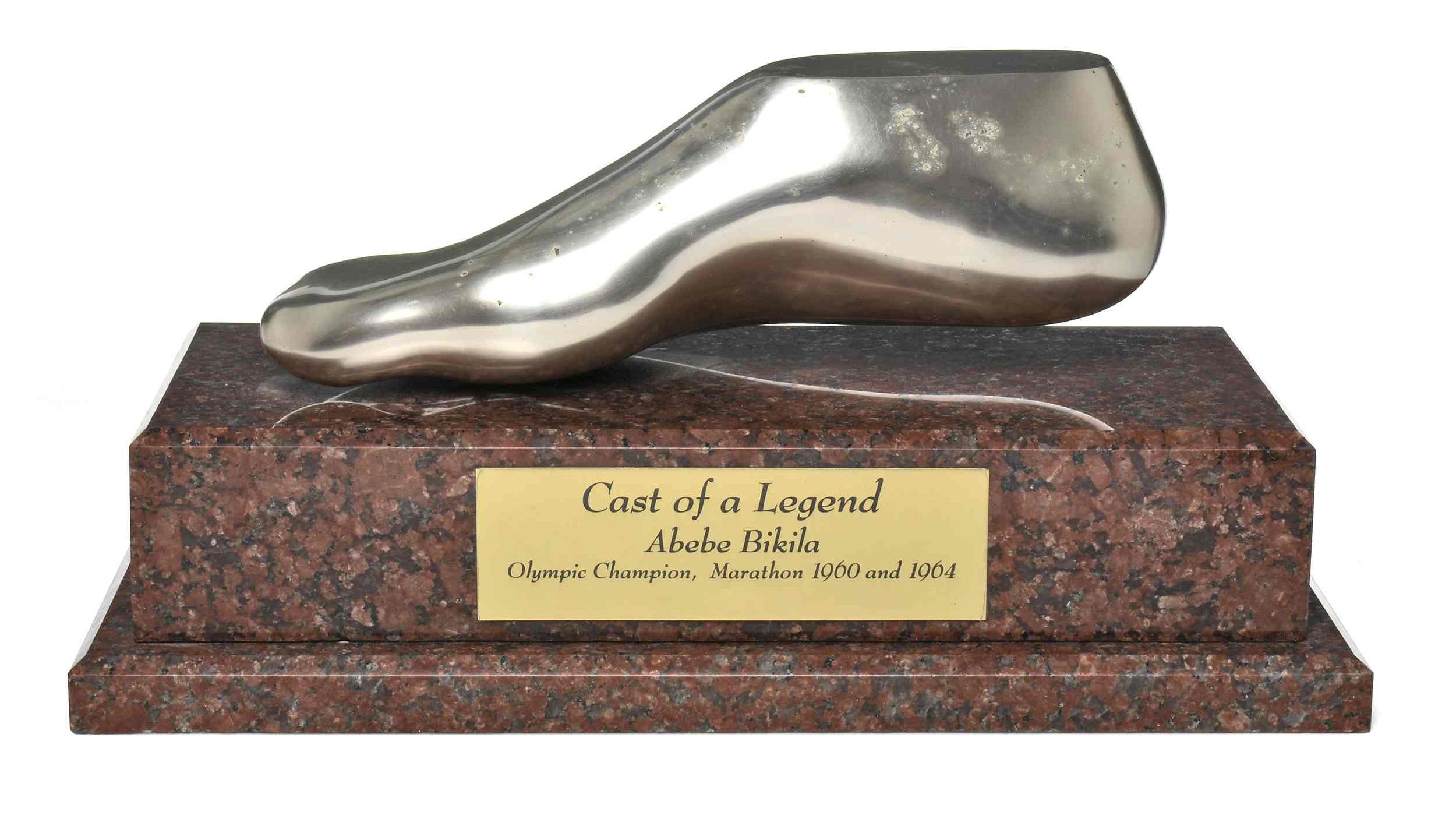 A metal cast of Abebe Bikila's right foot