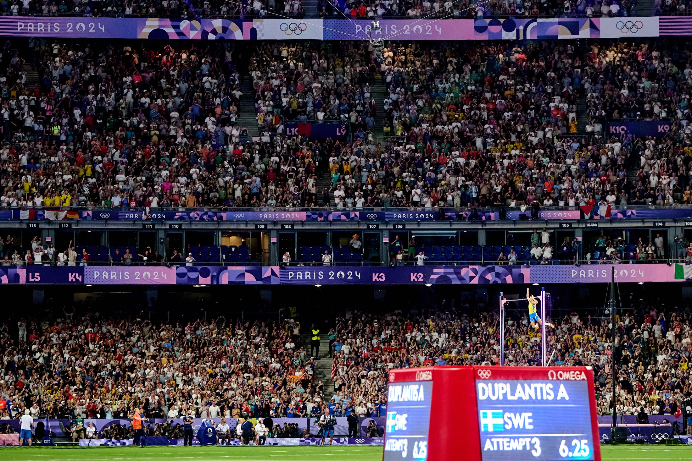 Mondo Duplantis in pole vault action at the Paris 2024 Olympic Games