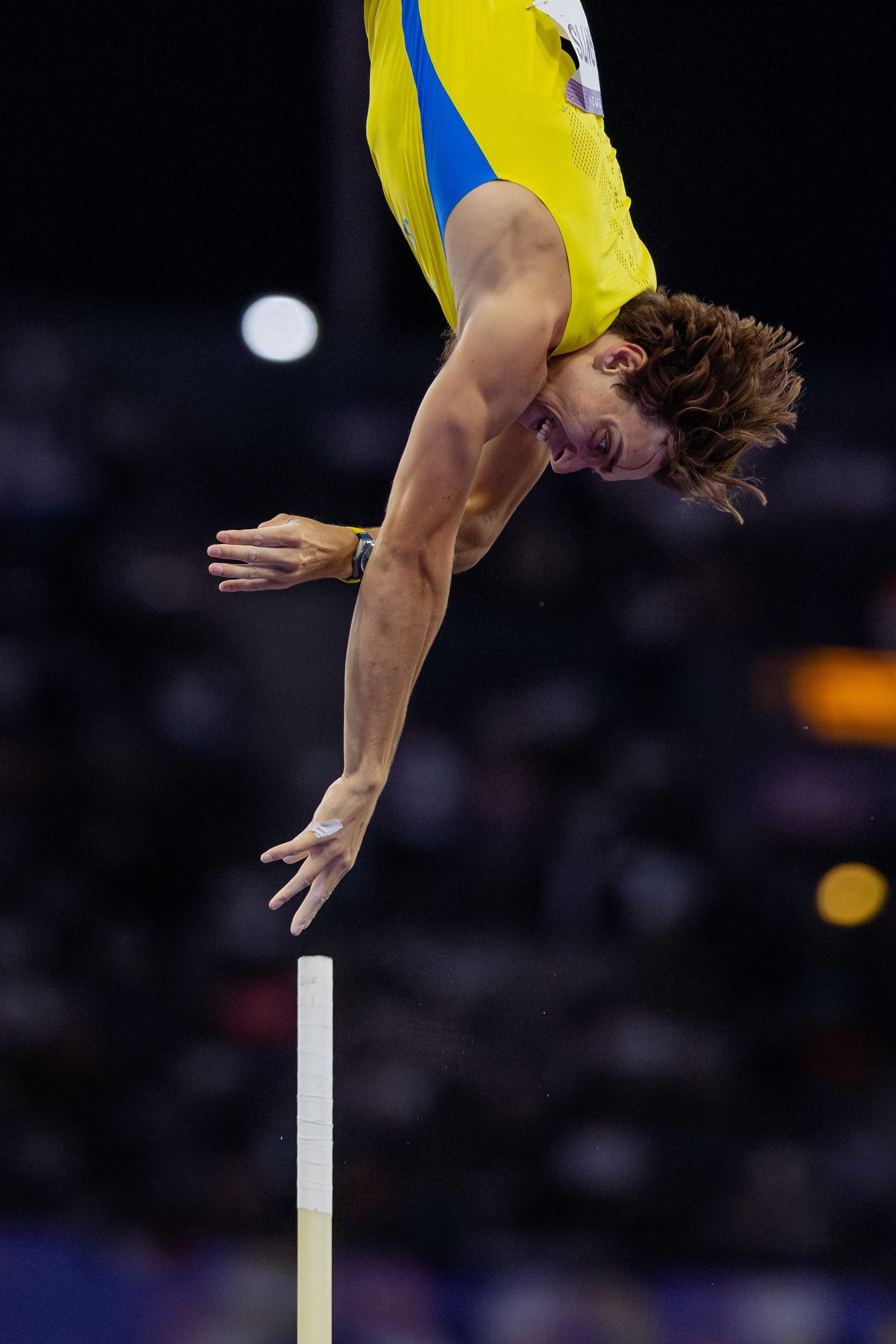 Mondo Duplantis of Sweden in action while clearing 6.25m at the 2024 Olympic Games in Paris