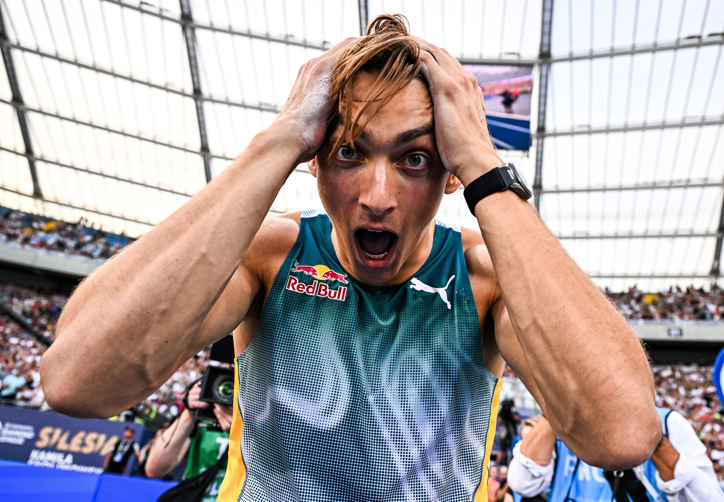 Mondo Duplantis after breaking his own pole vault world record at the Silesia Diamond League meeting