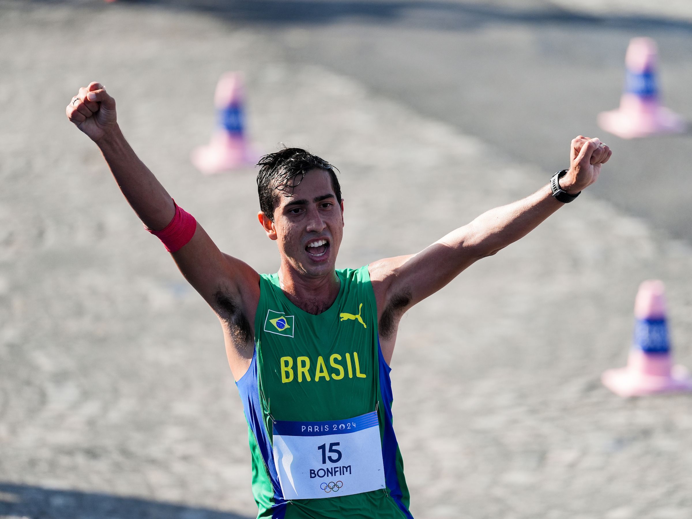 Brazil's Caio Bonfim celebrates his Olympic silver medal win in Paris