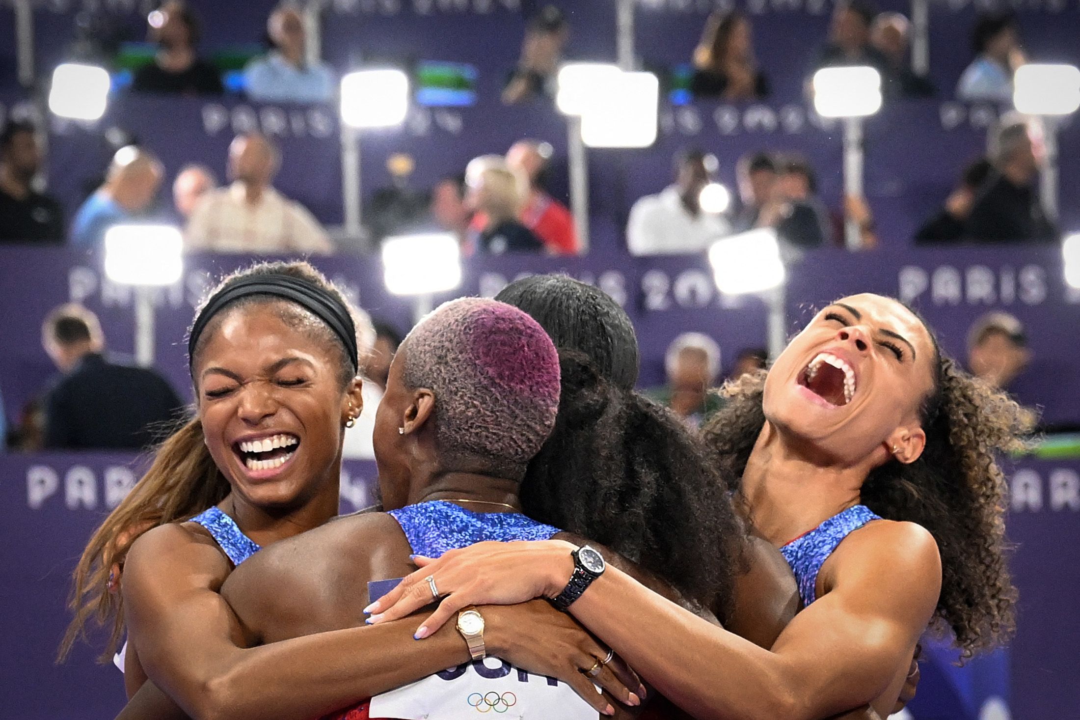 The US 4x400m team celebrates their victory at the Paris 2024 Olympic Games