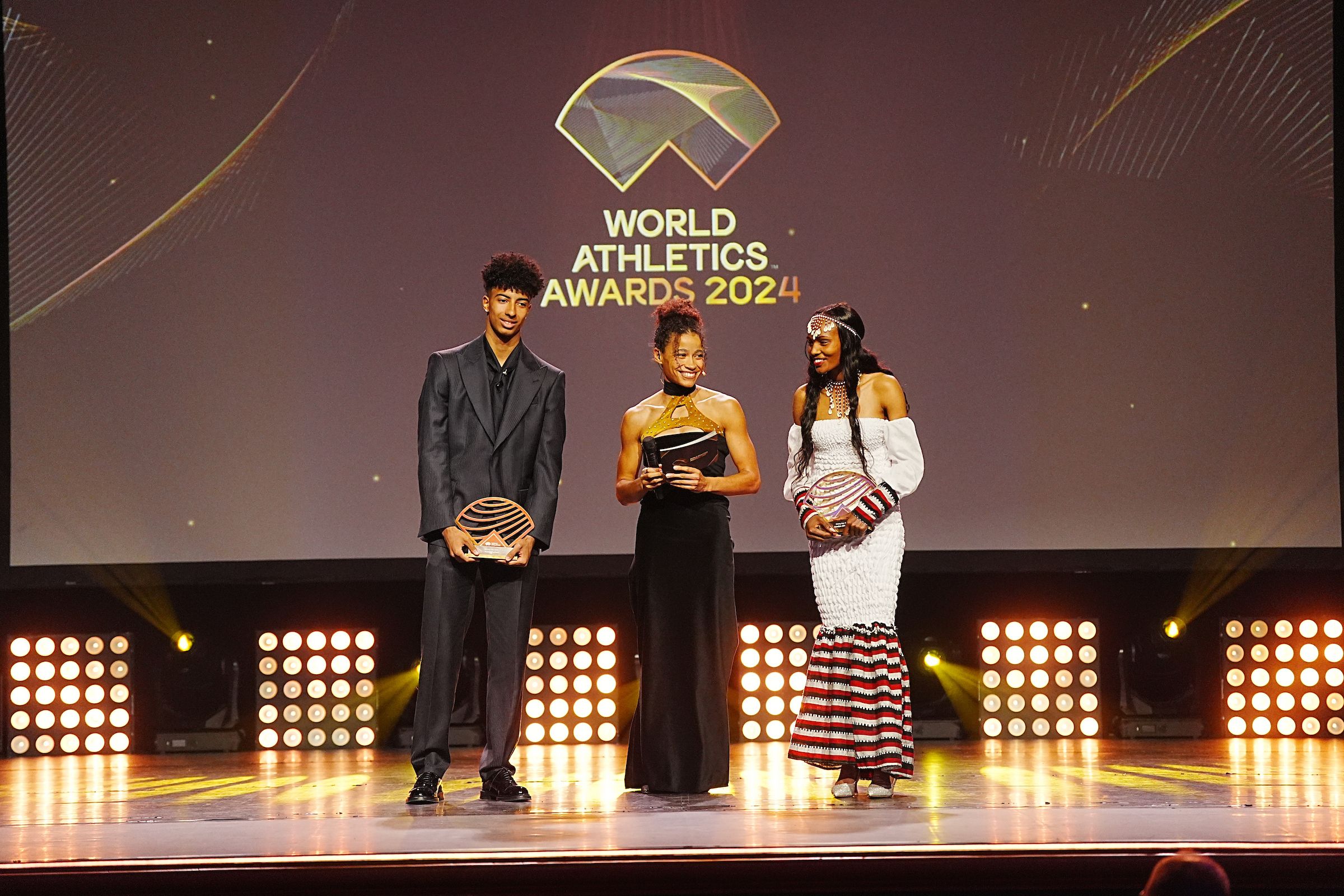 Rising Stars Mattia Furlani and Sembo Almayew on stage at the World Athletics Awards 2024