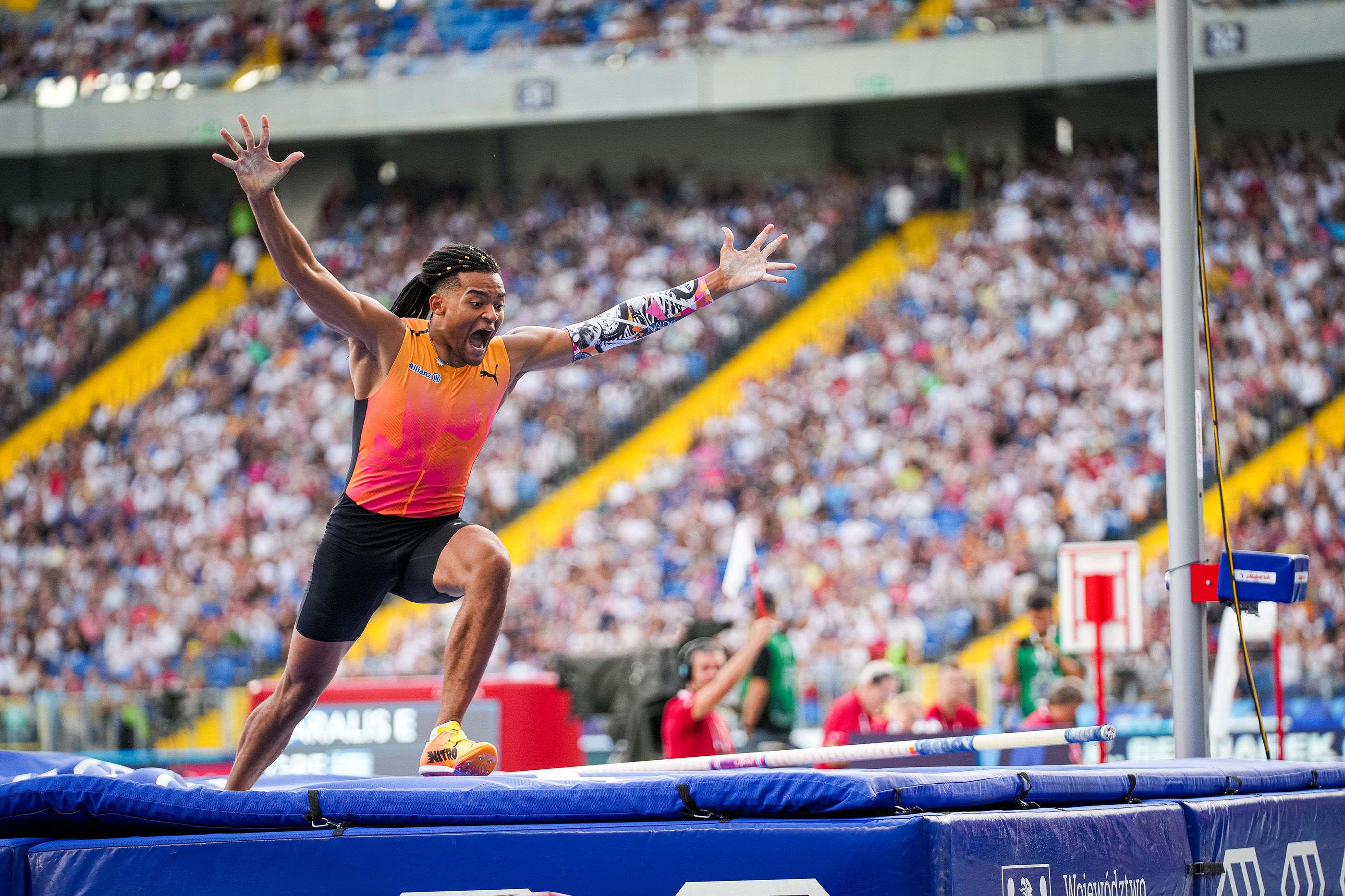 Emmanouil Karalis celebrates his six-metre clearance in Silesia