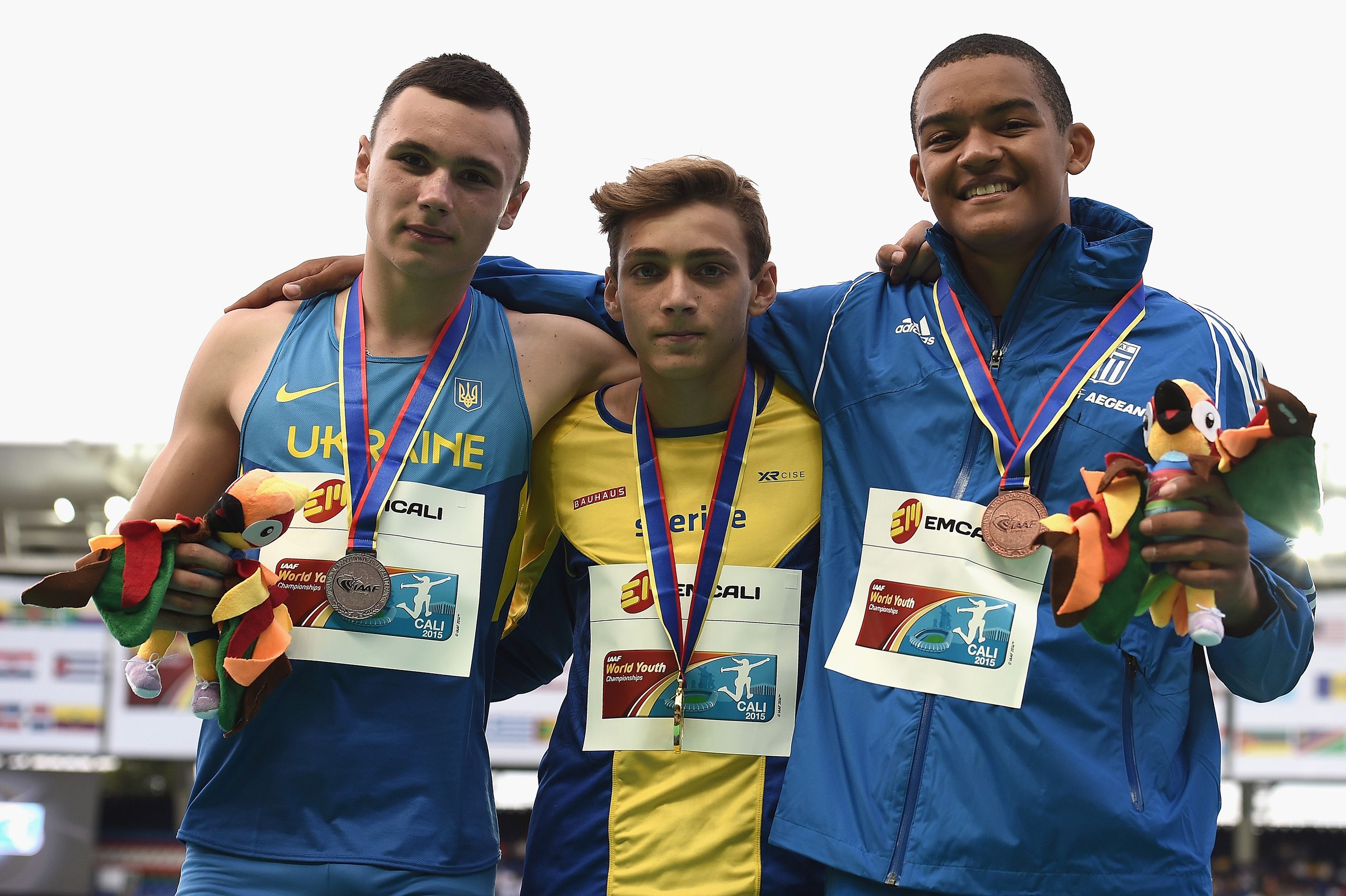 The 2015 world U18 pole vault medallists Vladyslav Malykhin, Mondo Duplantis and Emmanouil Karalis