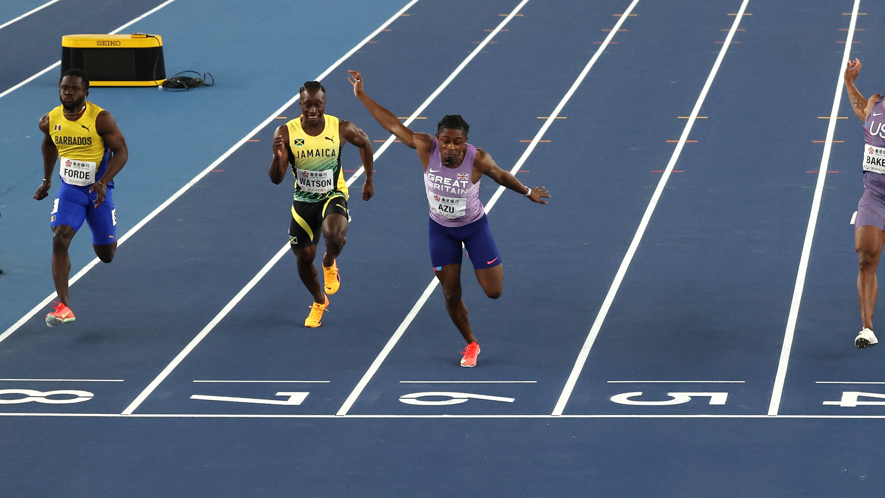 Jeremiah Azu wins 60m gold at the World Indoor Championships in Nanjing