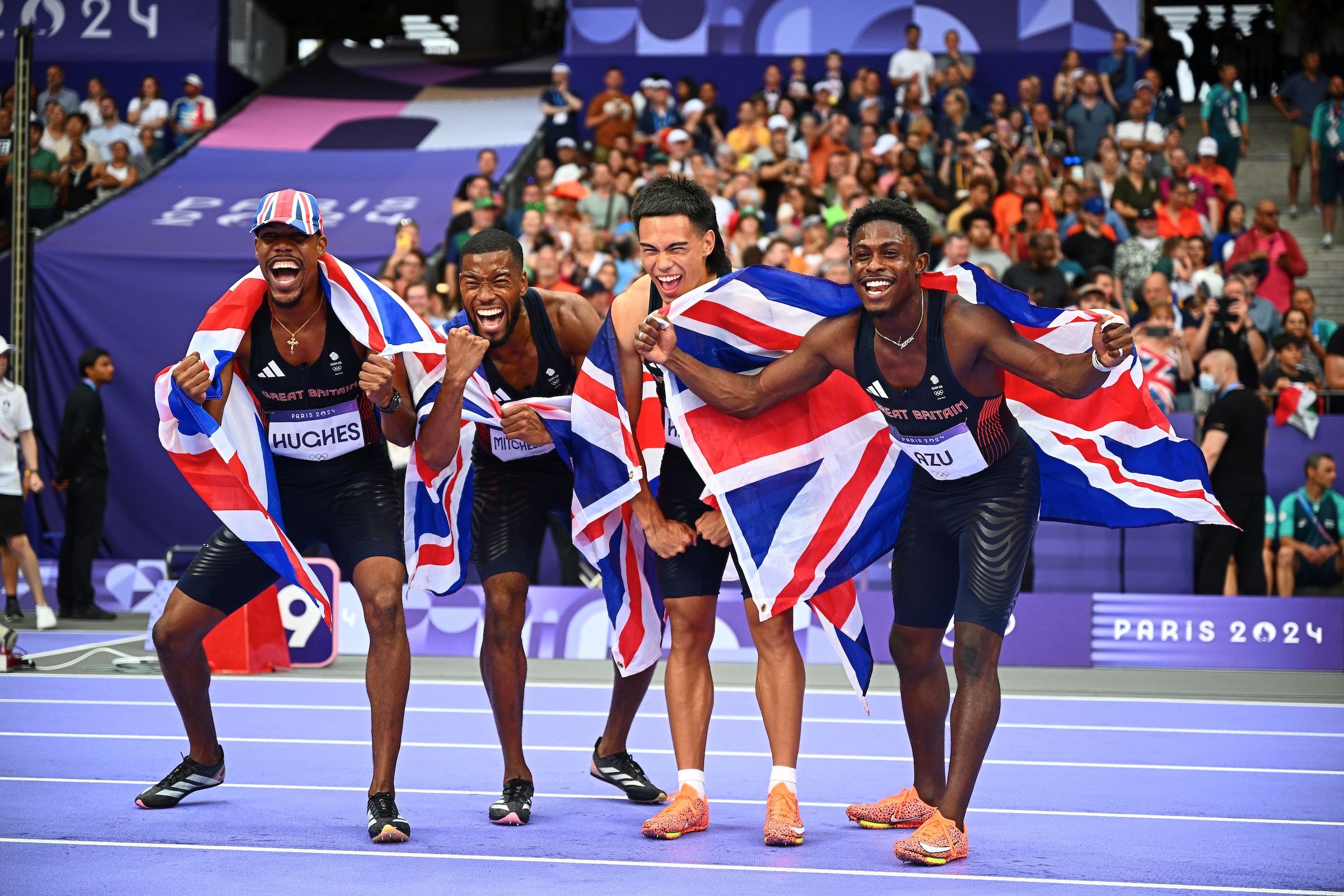 Jeremiah Azu and his GB 4x100m teammates Zharnel Hughes, Nethaneel Mitchell-Blake and Louie Hinchliffe in Paris