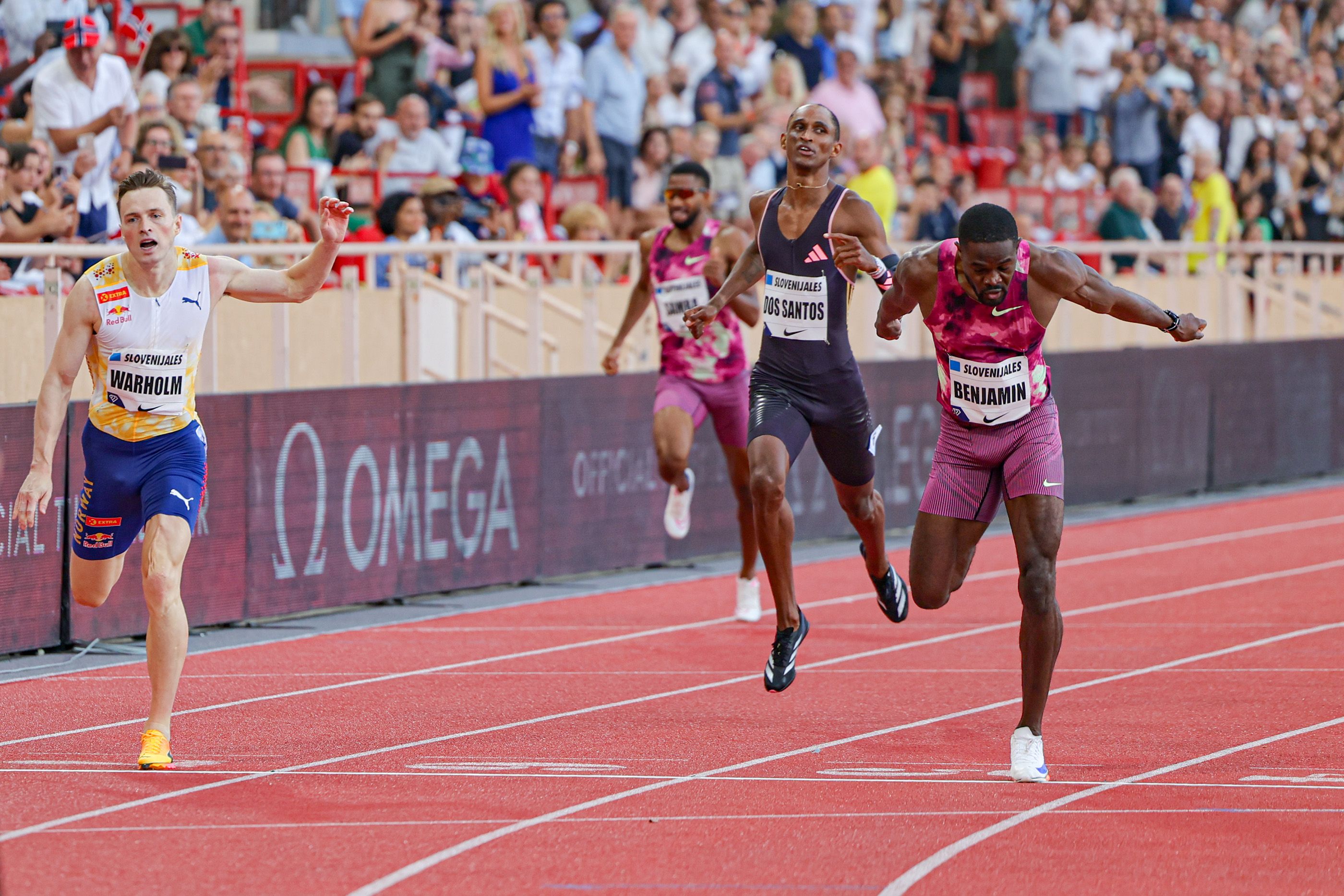 Karsten Warholm, Alison dos Santos and Rai Benjamin in Monaco