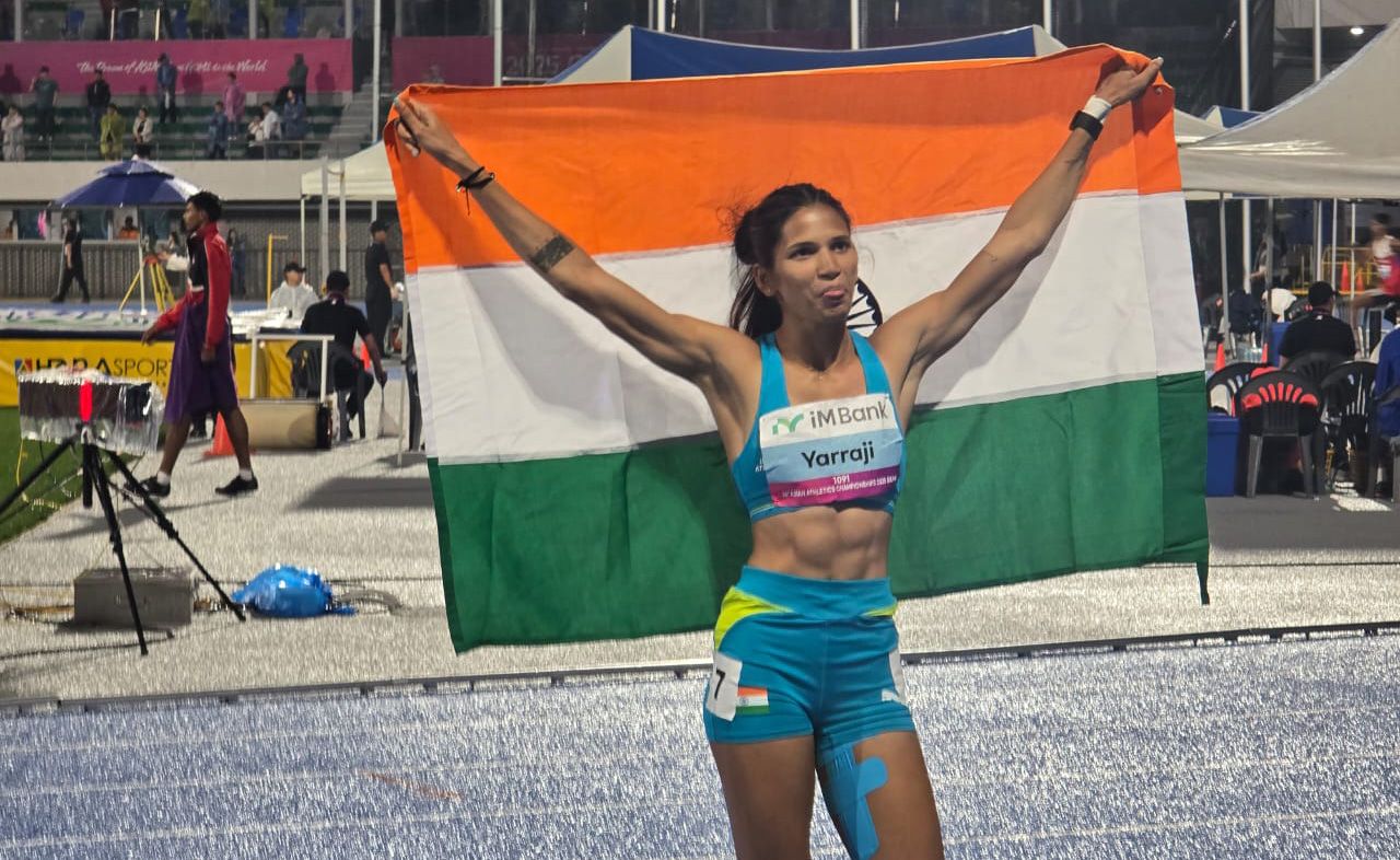 Jyothi Yarraji celebrates her win and championship record at the Asian Championships in Gumi