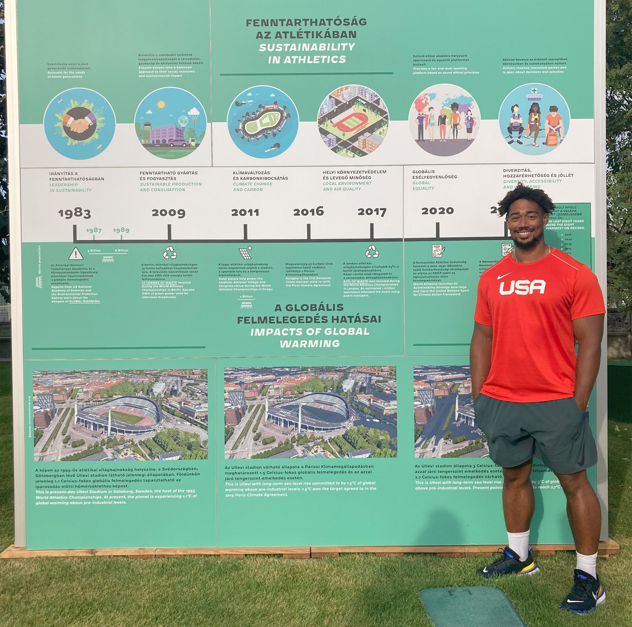 Sam Mattis at the World Athletics sustainability display in Budapest