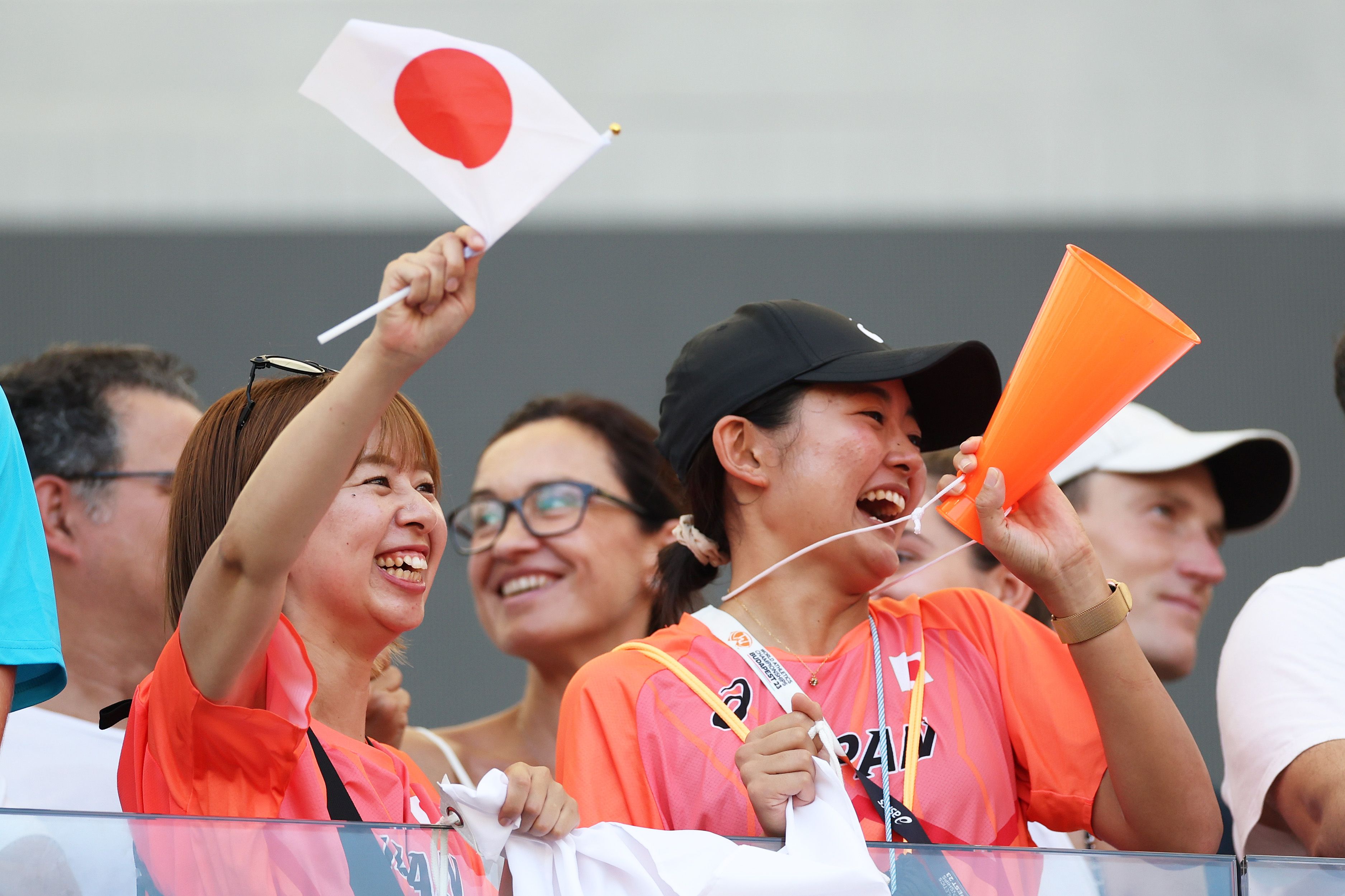 Fans of Team Japan cheer during day two of the World Athletics Championships Budapest 23