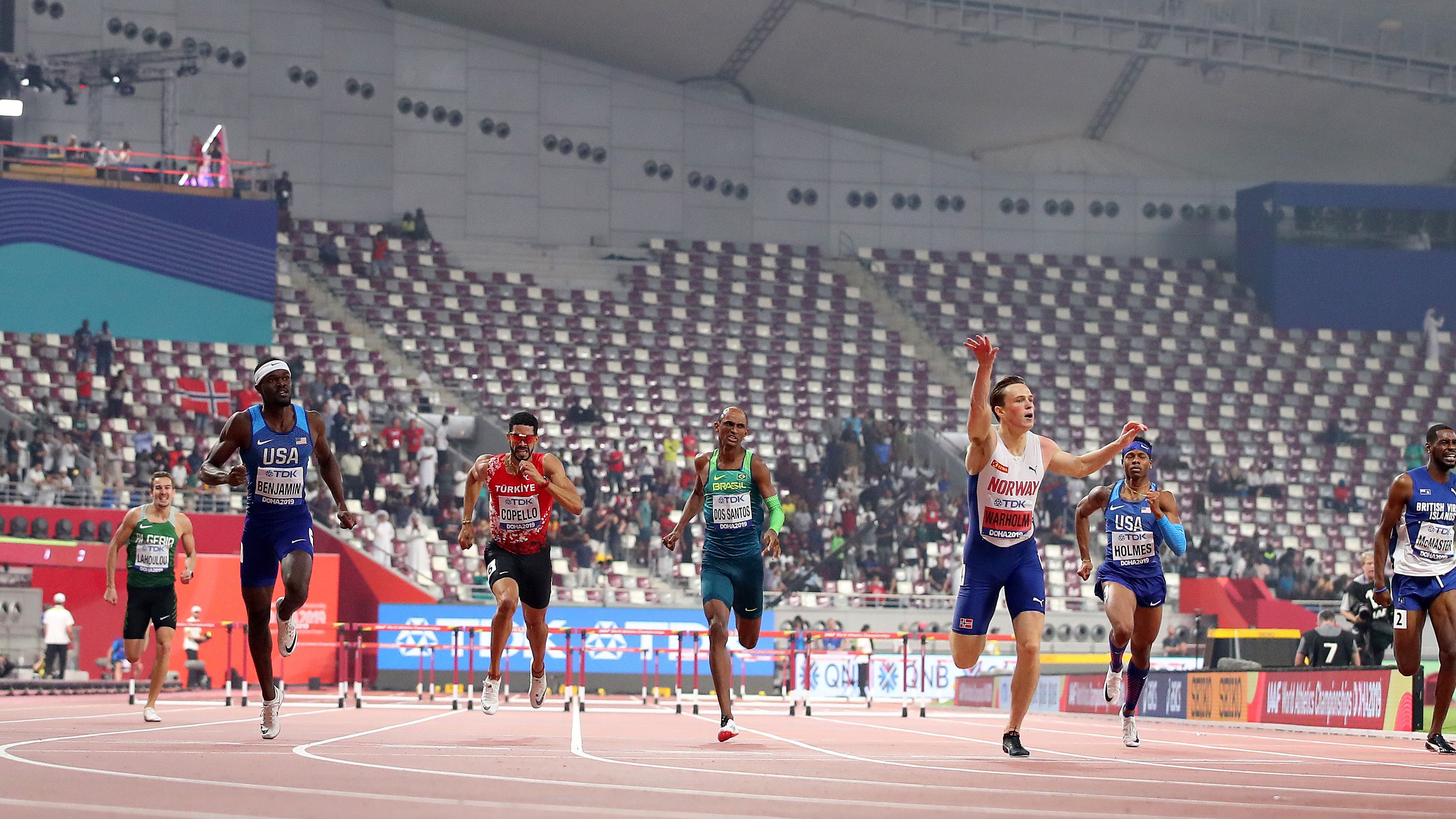Rai Benjamin, Alison dos Santos and Karsten Warholm clash in the world final in Doha