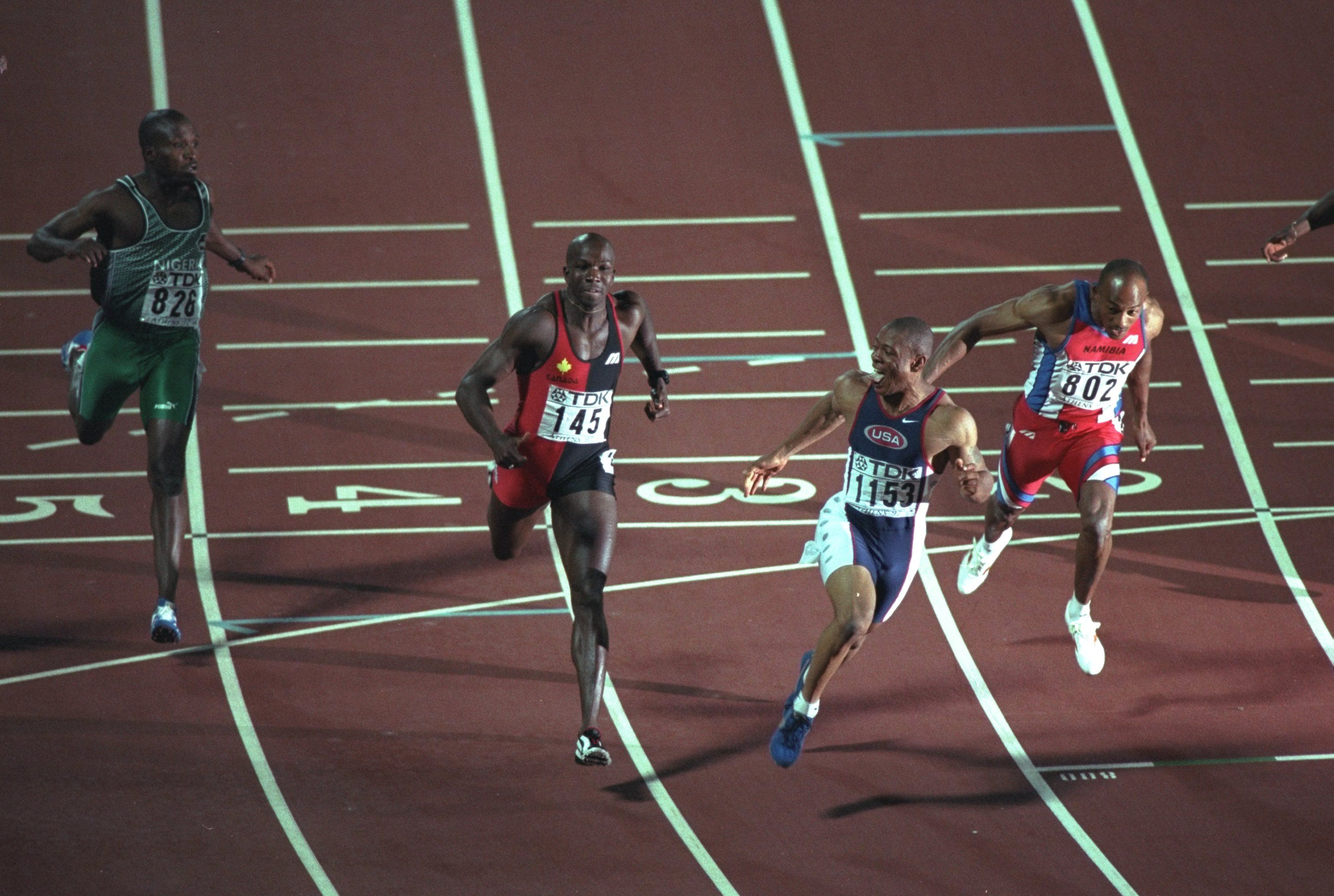 Maurice Greene beats Donovan Bailey to the 1997 world 100m title in Athens