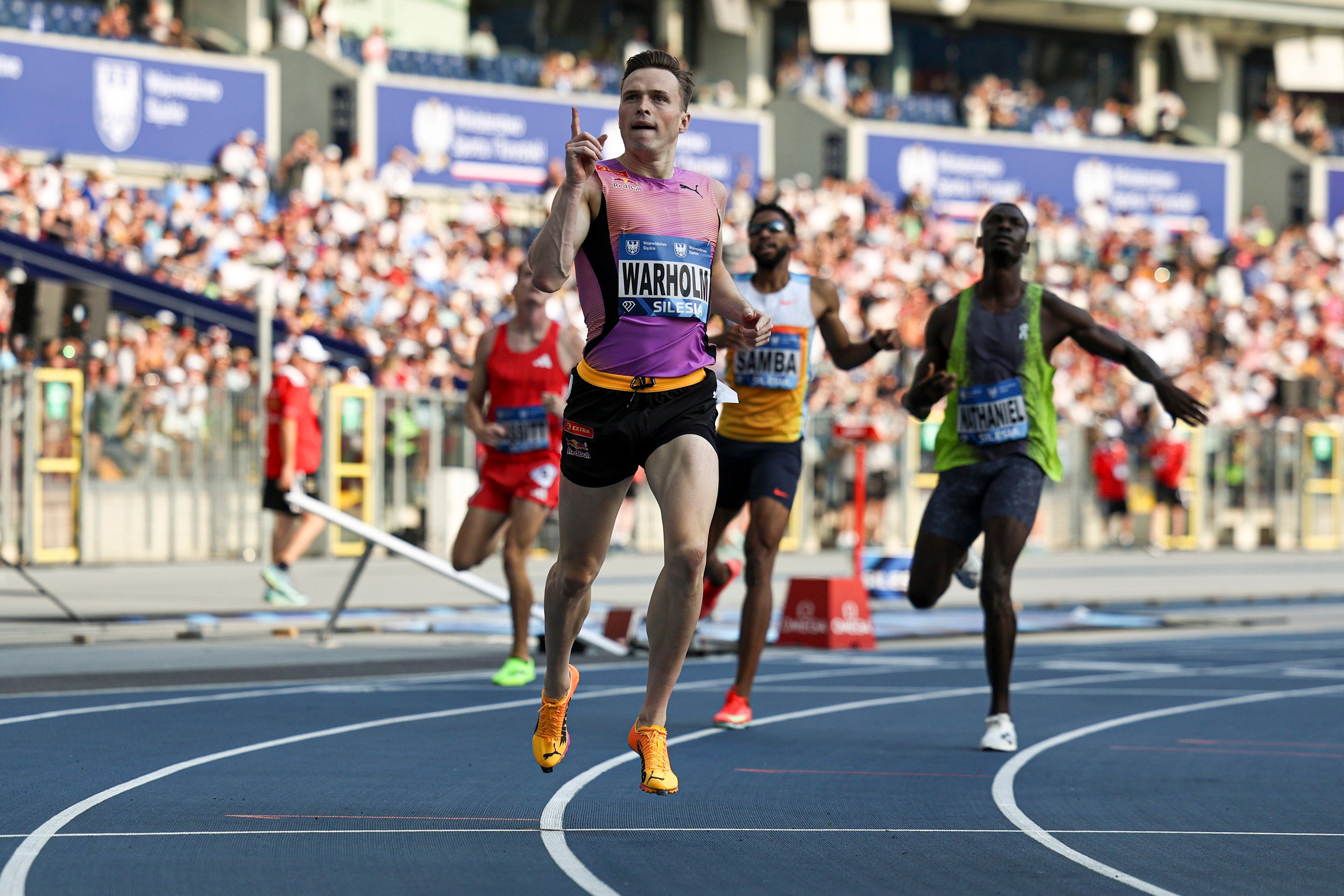 Karsten Warholm celebrates his 400m hurdles performance in Silesia