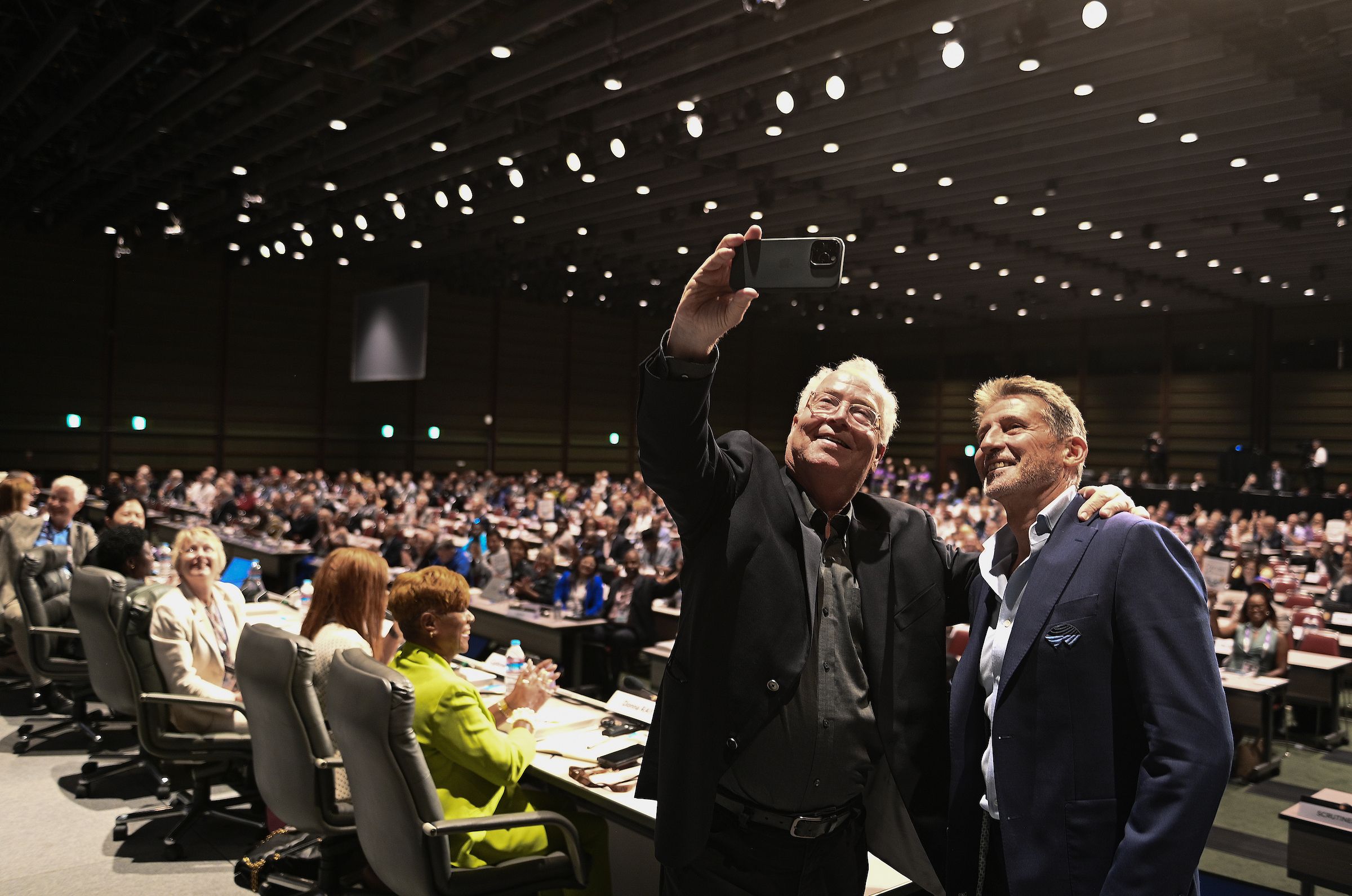 Keynote speaker Bob Weis and World Athletics President Sebastian Coe during the World Athletics Convention in Tokyo