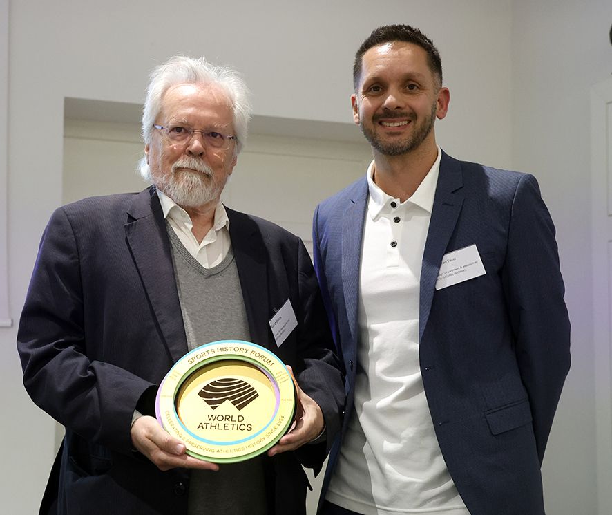 Gerd Steins, President of the Sports History Forum, with World Athletics Archive & Museum Manager Pierre-Jean Vazel
