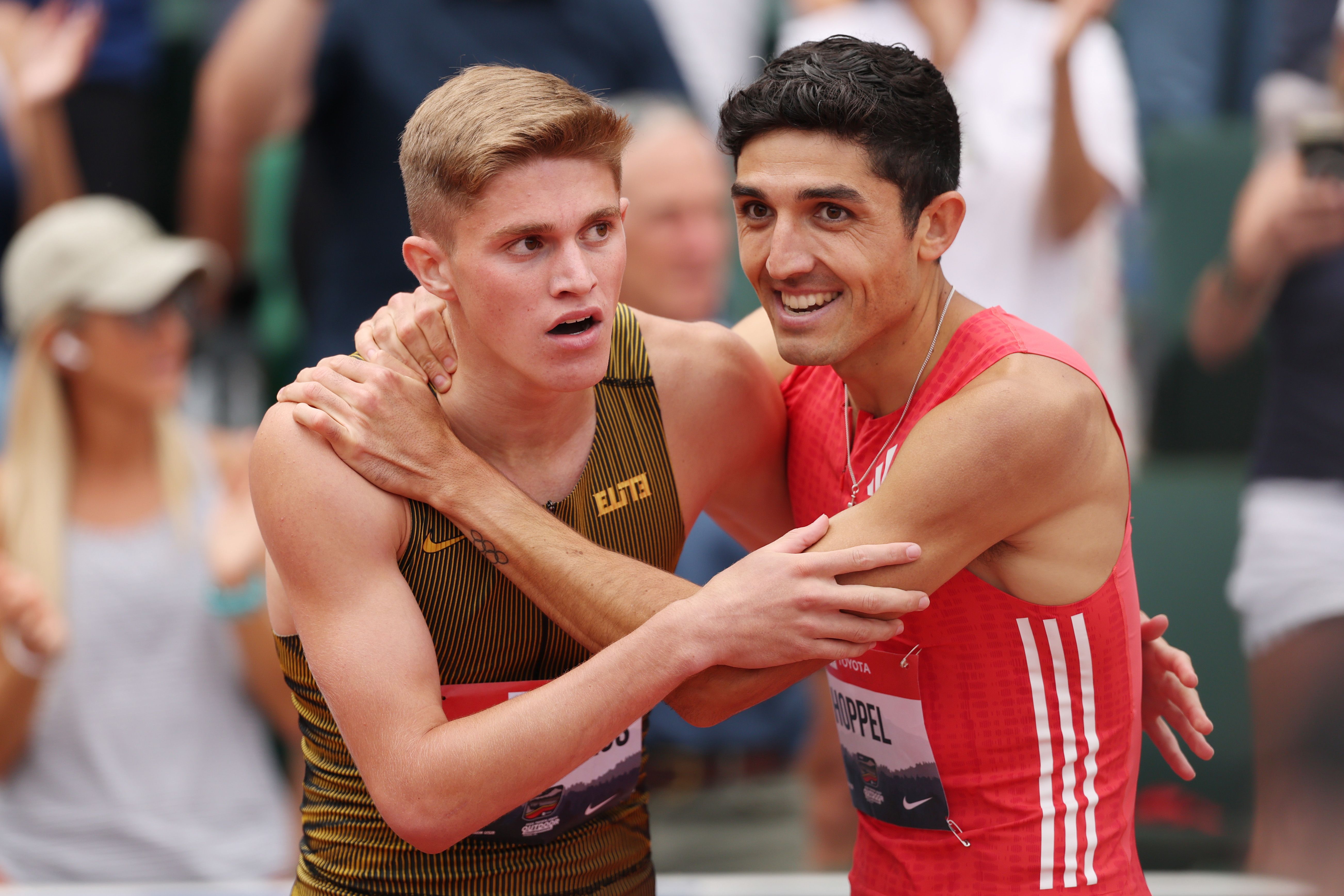 Cooper Lutkenhaus and Bryce Hoppel at the 2025 Toyota USATF Outdoor Championships in Eugene, Oregon.
