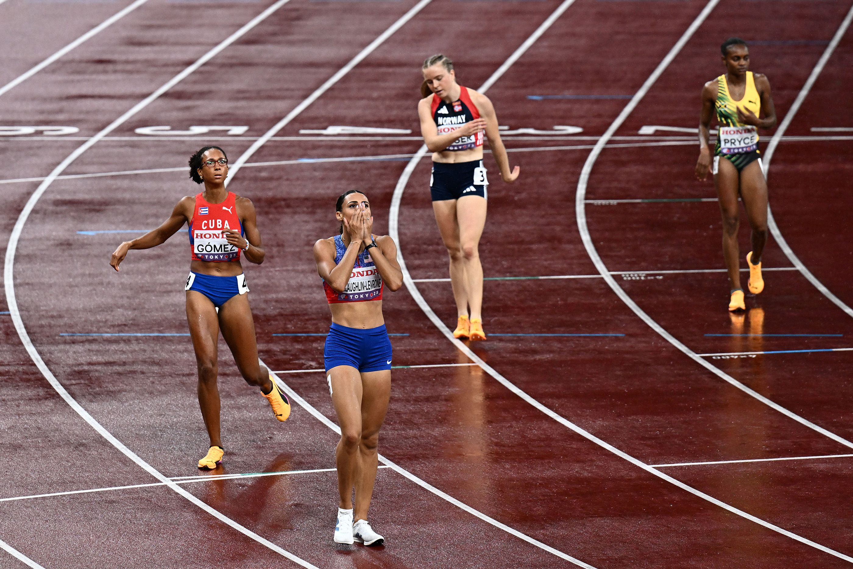 Sydney McLaughlin-Levrone reacts to her world 400m title win in Tokyo