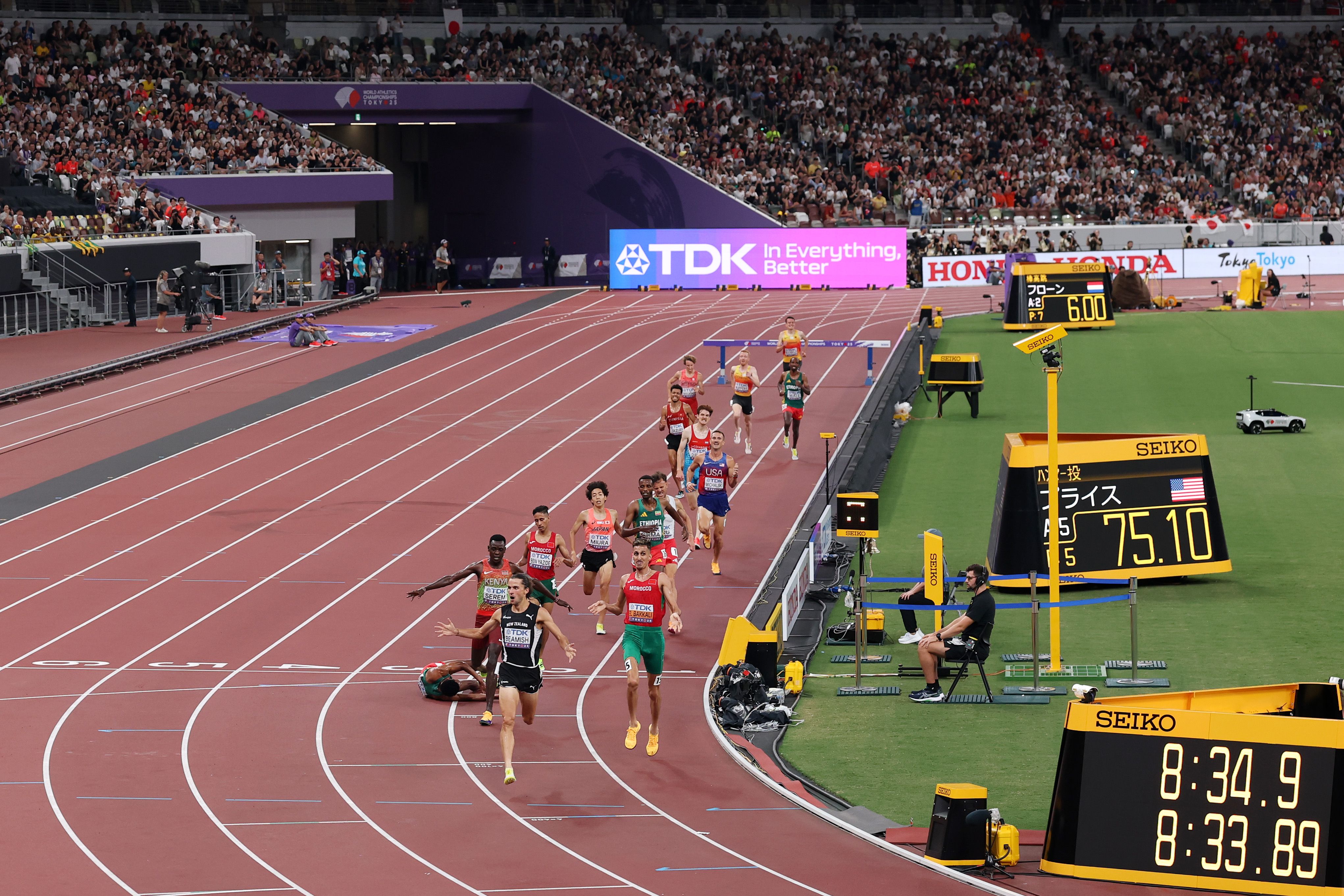 Edmund Serem crosses the finish line to claim steeplechase bronze at the World Athletics Championships Tokyo 25