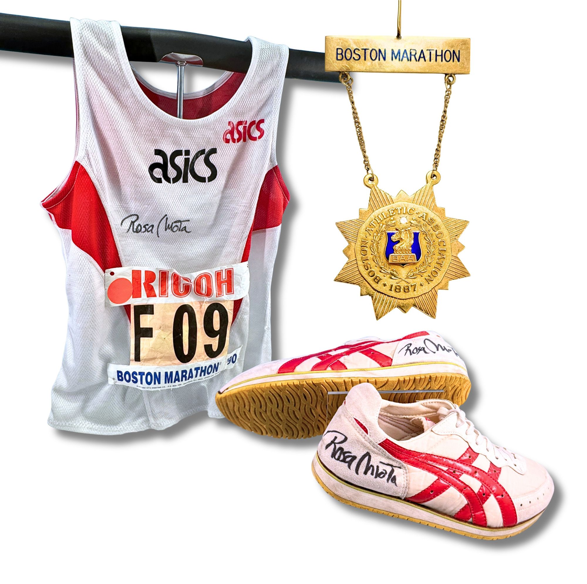 Rosa Mota's medal, shoes, singlet & bib from past Boston Marathons