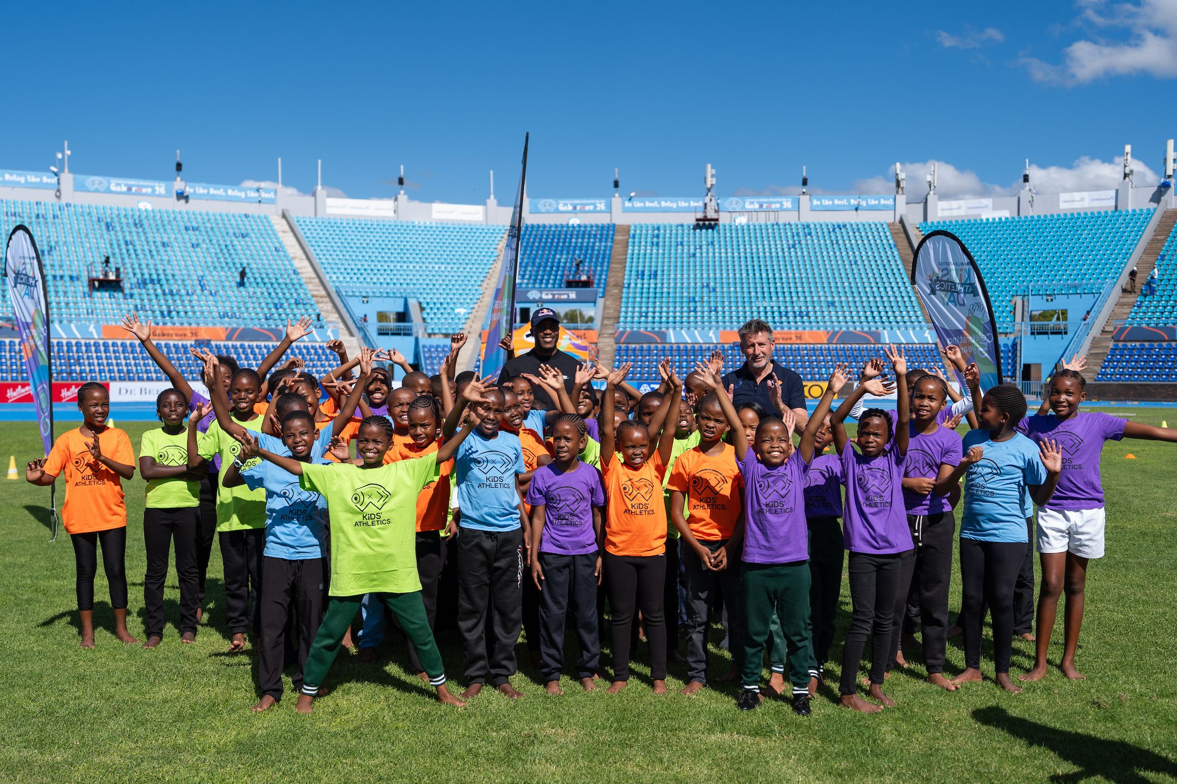 Letsile Tebogo and Sebastian Coe at the Kids' Athletics activation in Gaborone