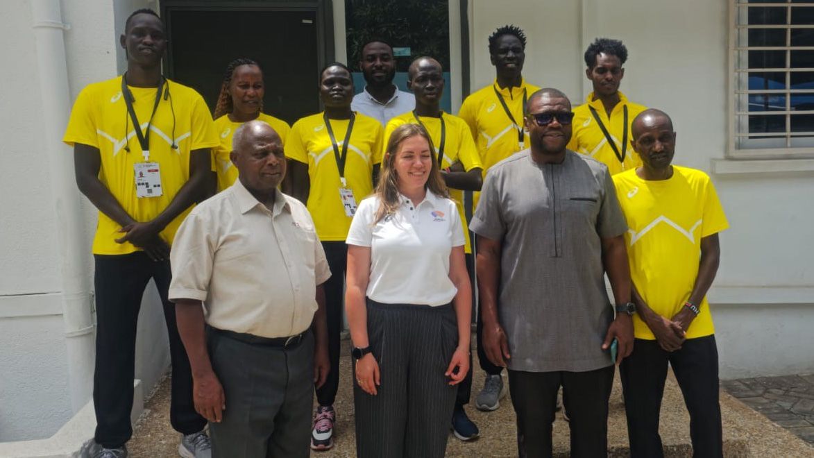 Members of the Athlete Refugee Team with Jackson Tuwei and Tetteh Padi in Accra