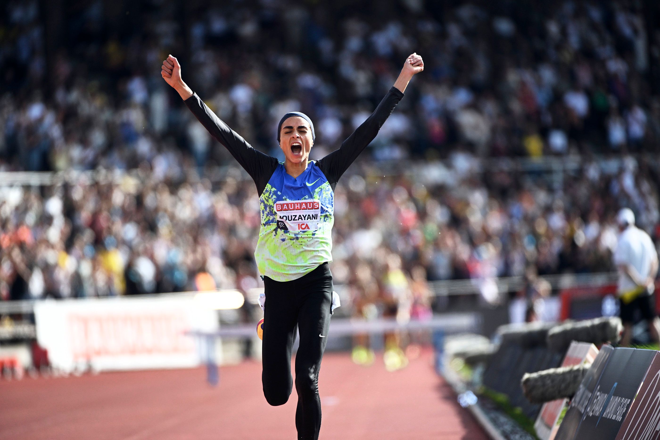Marwa Bouzayani celebrates her steeplechase win in Stockholm