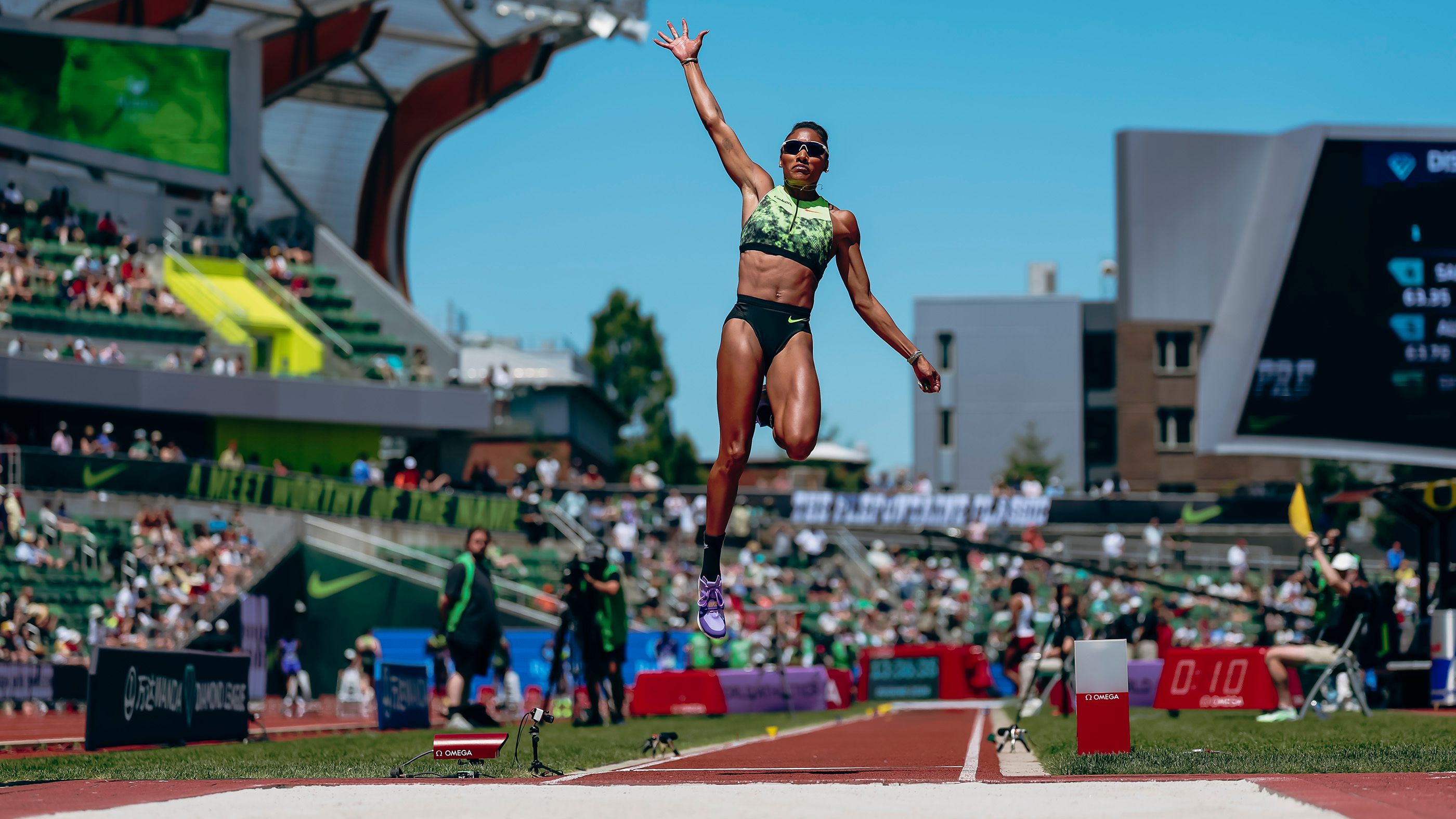 Tara Davis-Woodhall in long jump action in Eugene