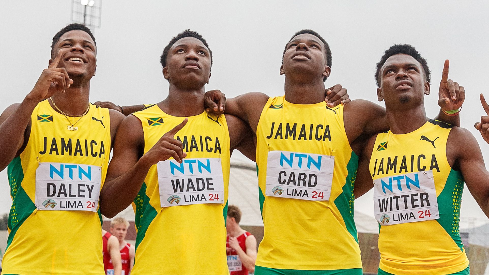 Gary Card and his 4x100m teammates at the 2024 World U20 Championships