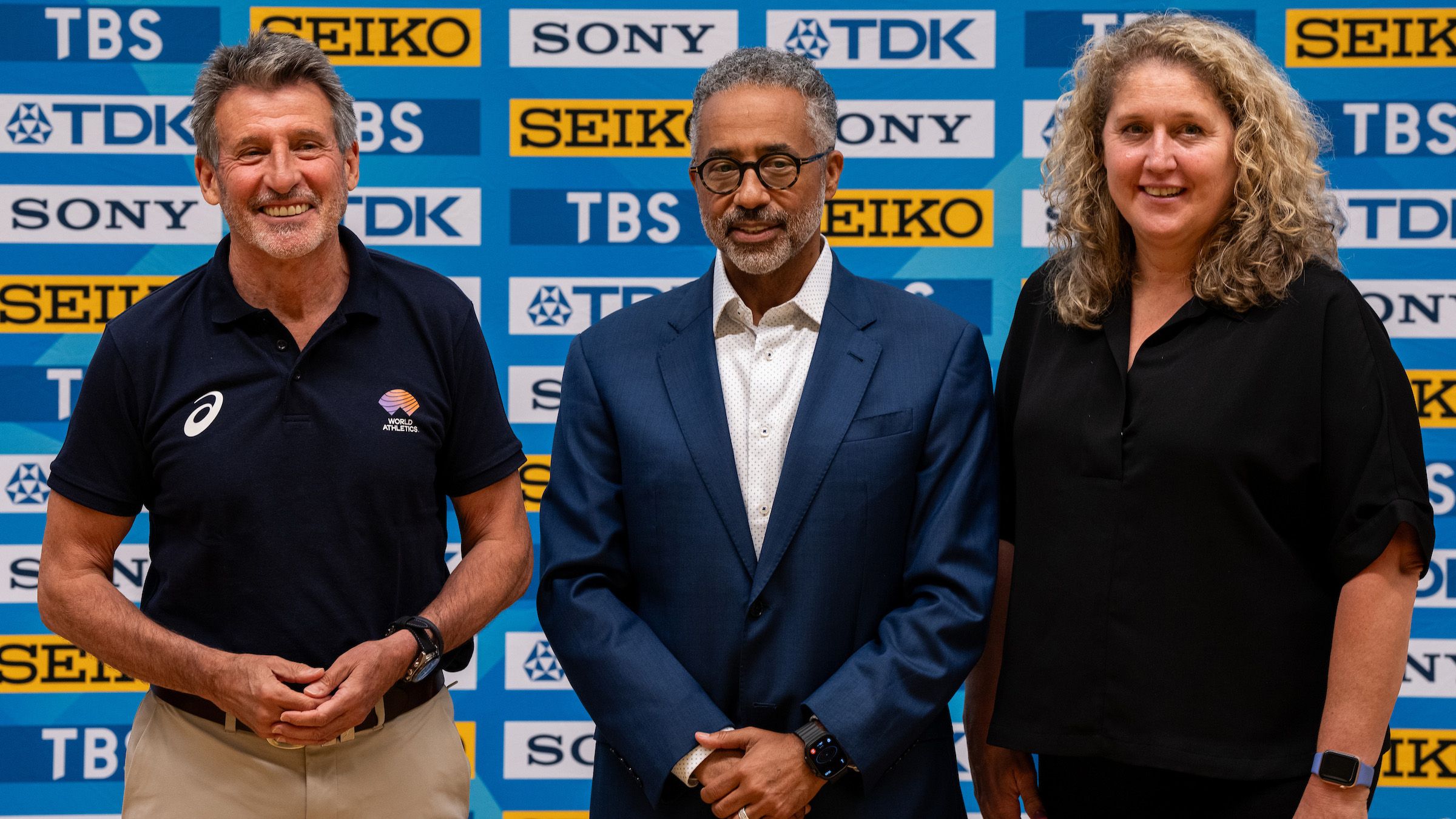 World Athletics President Sebastian Coe, USA Track & Field CEO Max Siegel and TrackTown USA COO Jody Smith