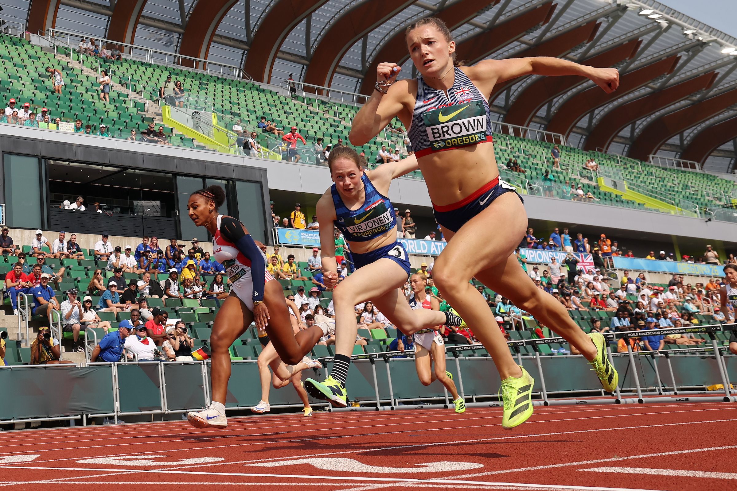 Enni Virjonen and Thea Brown in the heptathlon 100m hurdles in Oregon