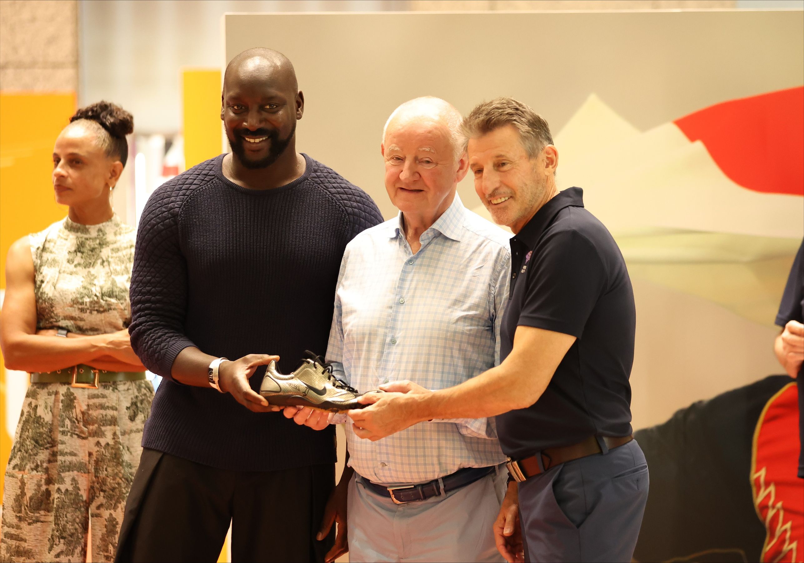 Ladji Doucour&eacute;, his former coach Renaud Longu&egrave;vre and World Athletics President Sebastian Coe