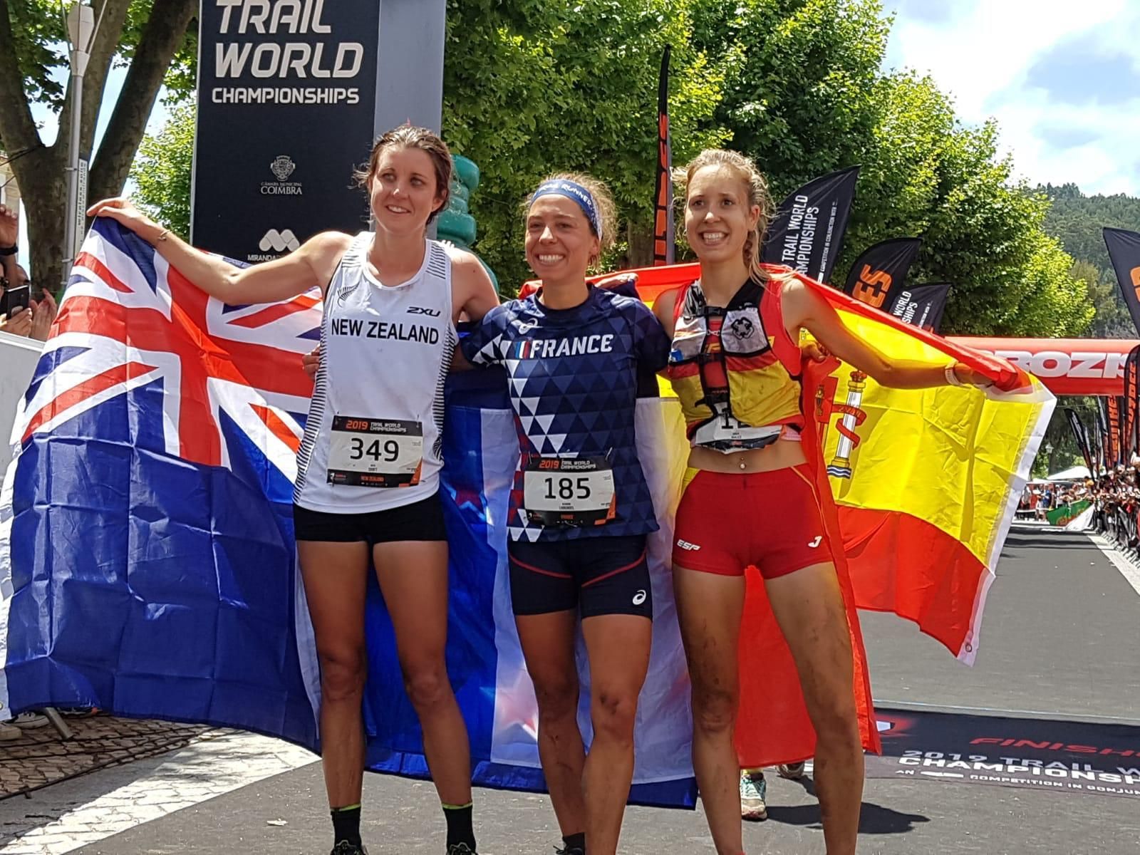 Miranda do Corvo women's podium, from left: runner-up Ruth Croft, winner Blandine L’Hirondel, and third place finisher Sheila Aviles