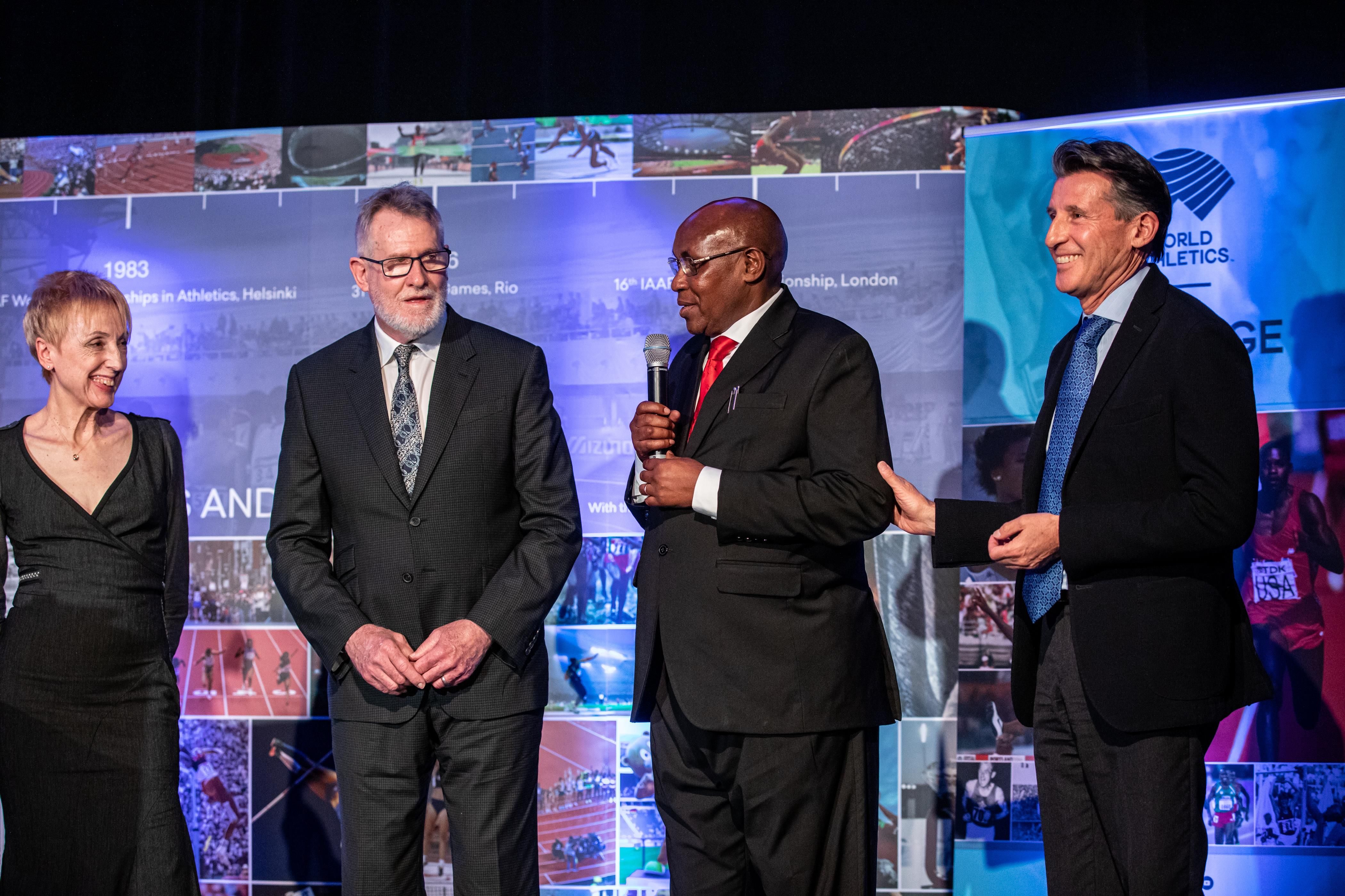 Paola Pigni, John Walker, Filbert Bayi and Sebastian Coe at the World Athletics Heritage Mile Night in Monaco