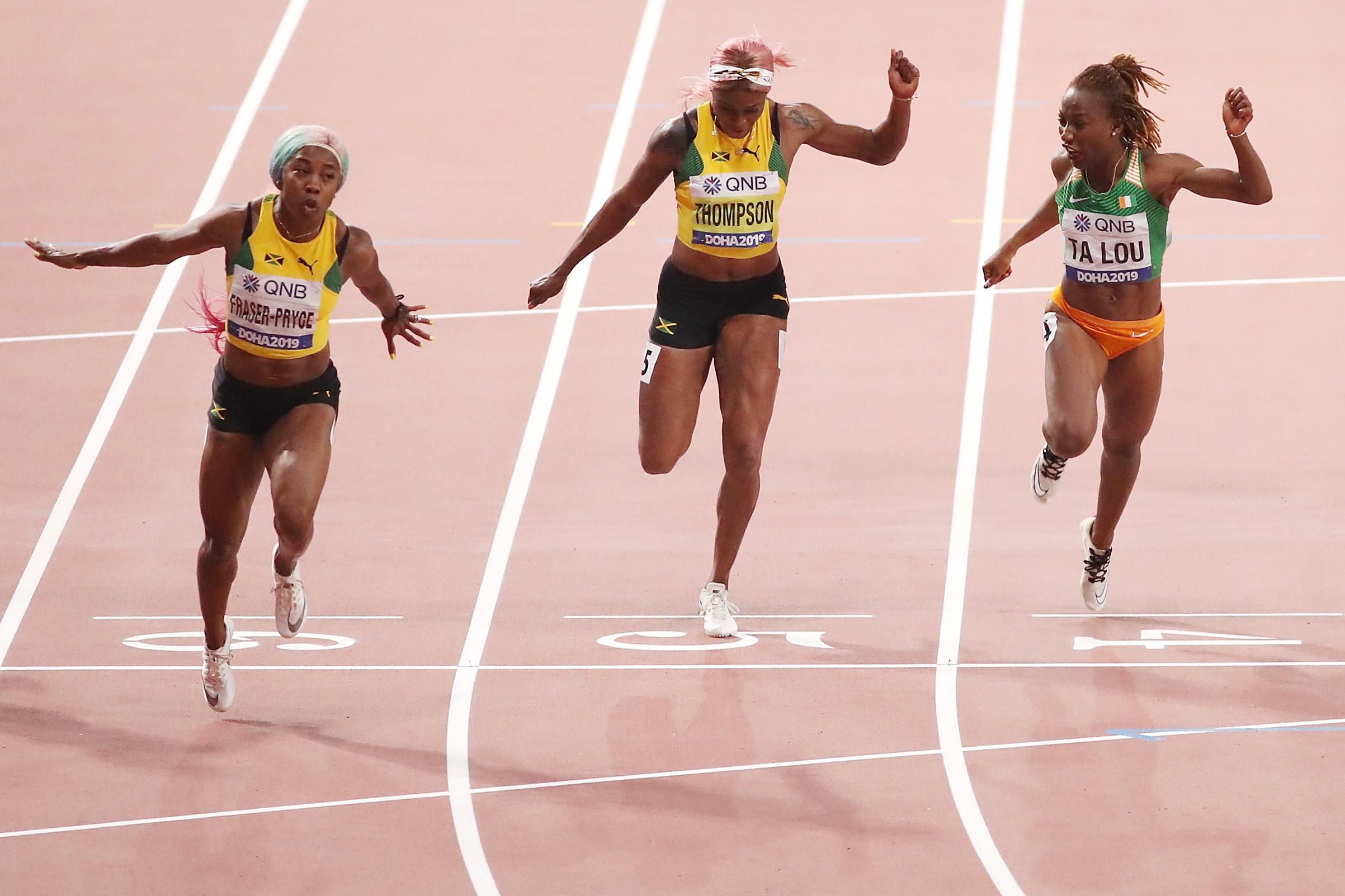 Shelly-Ann Fraser-Pryce collecting her fourth world 100m title in Doha