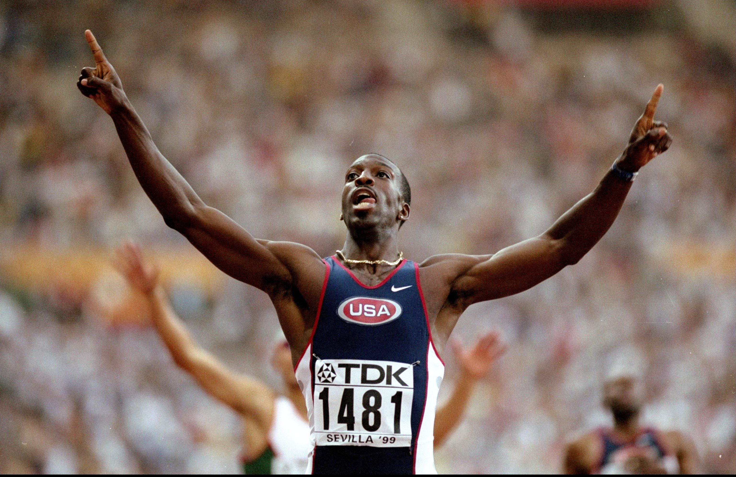 Michael Johnson after setting his 43.18 World record at the 1999 World Championships in Seville