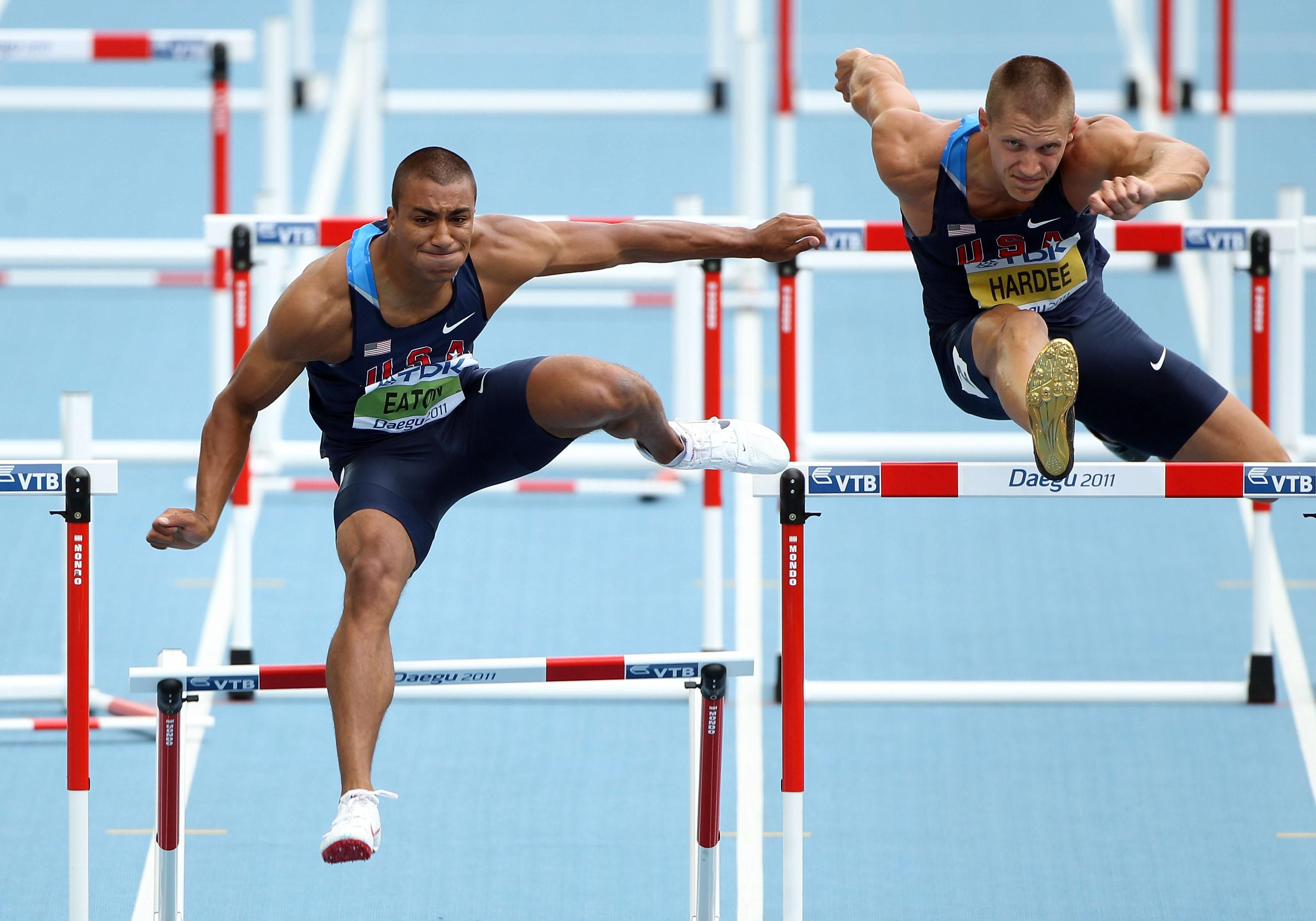 Ashton Eaton and Trey Hardee battle it out in the high hurdles in Daegu