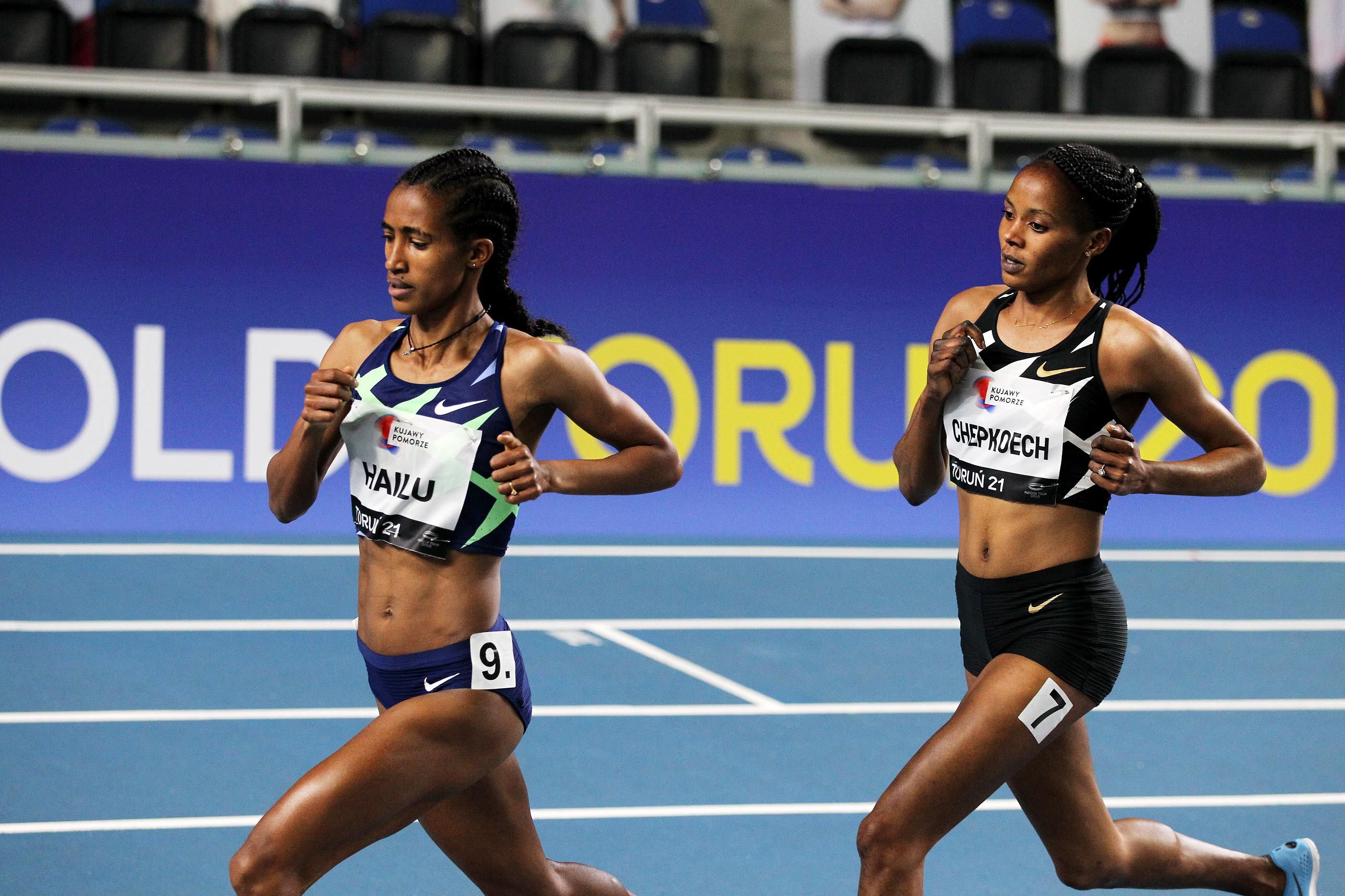 Lemlem Hailu on her way to winning the 3000m at the World Athletics Indoor Tour Gold meeting in Torun