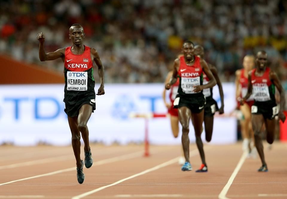 Ezekiel Kemboi wins the steeplechase at the IAAF World Championships, Beijing 2015