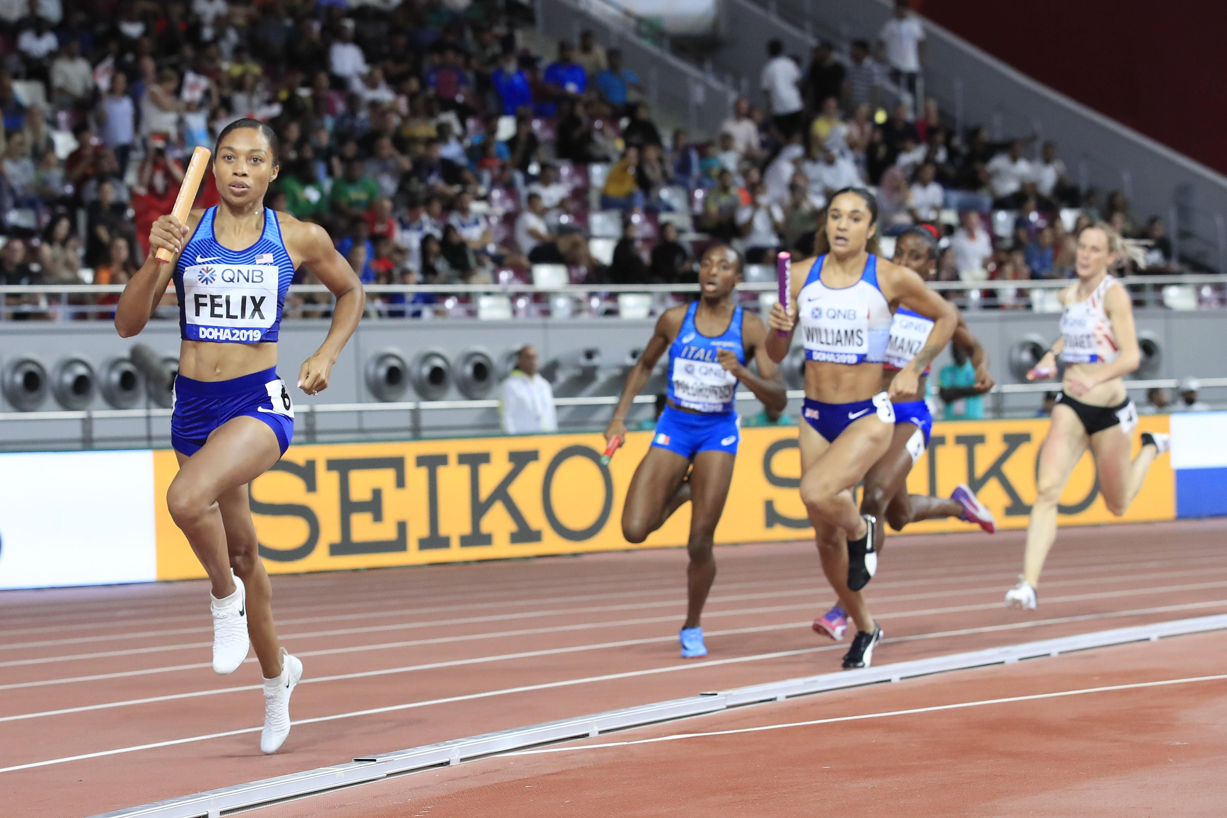 Allyson Felix in the opening round of the 4x400m relay at the IAAF World Athletics Championships Doha 2019