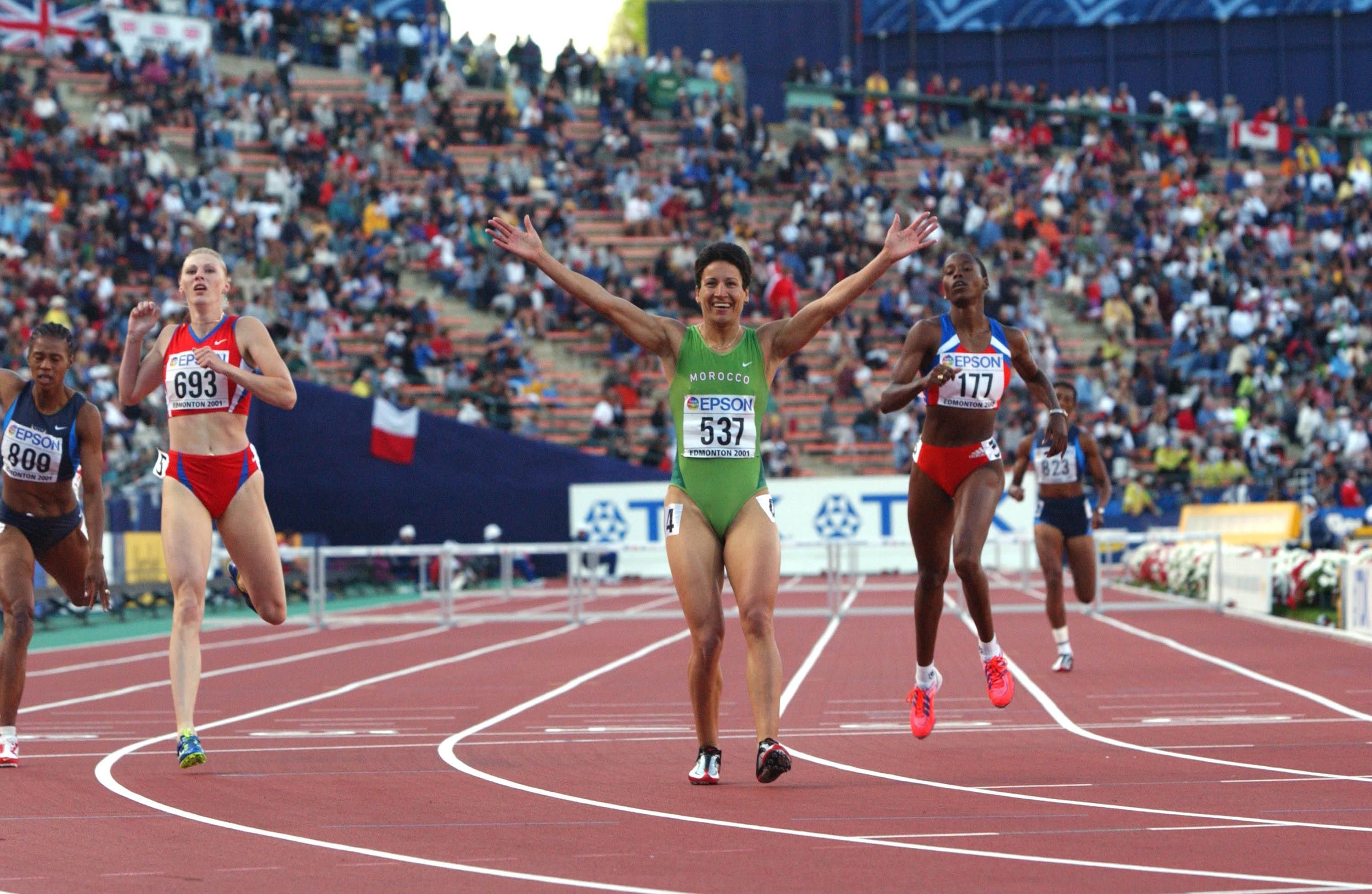 Nezha Bidouane wins the 400m hurdles at the 2001 IAAF World Championships in Edmonton
